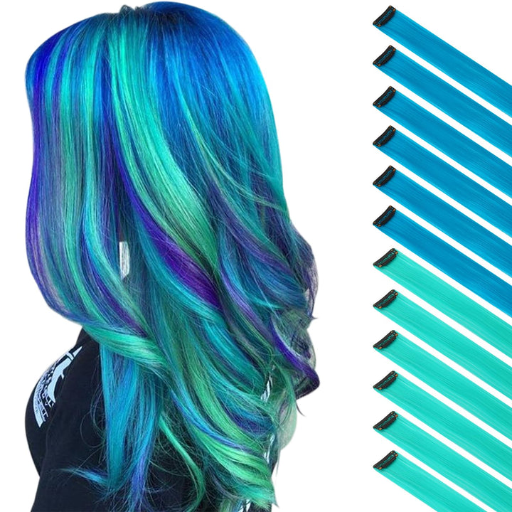 FESHFEN Colored Hair Extension, 12 PCS Teal, Blue Hairpiece for Girls Princess Party Highlight Colorful Straight Hair Extensions Clip in Costumes Hair Piece for Girls Dolls, 20 inch