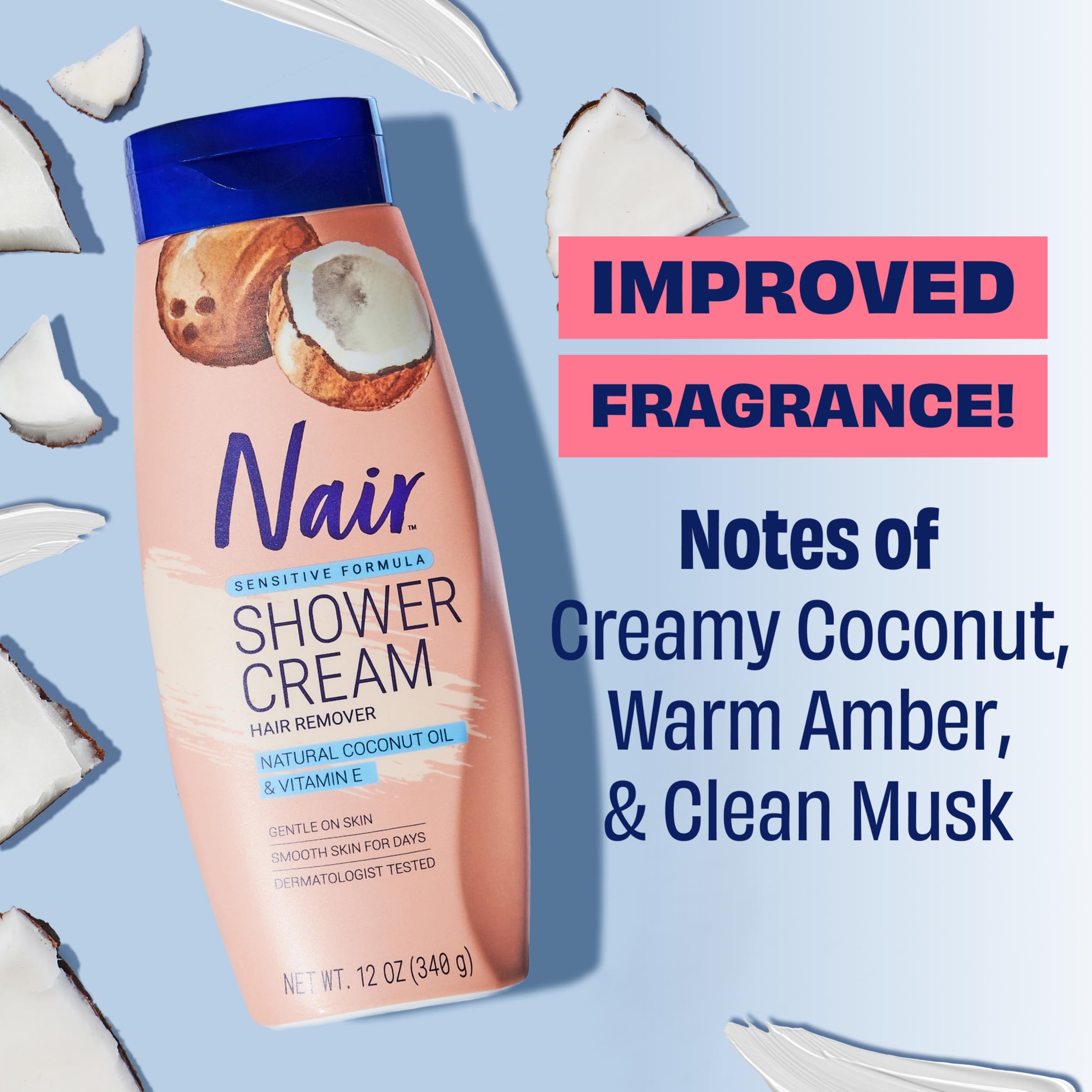 Nair Sensitive Shower Cream Hair Remover with Natural Coconut Oil and Vitamin E, Body Hair Removal Cream, 12 oz