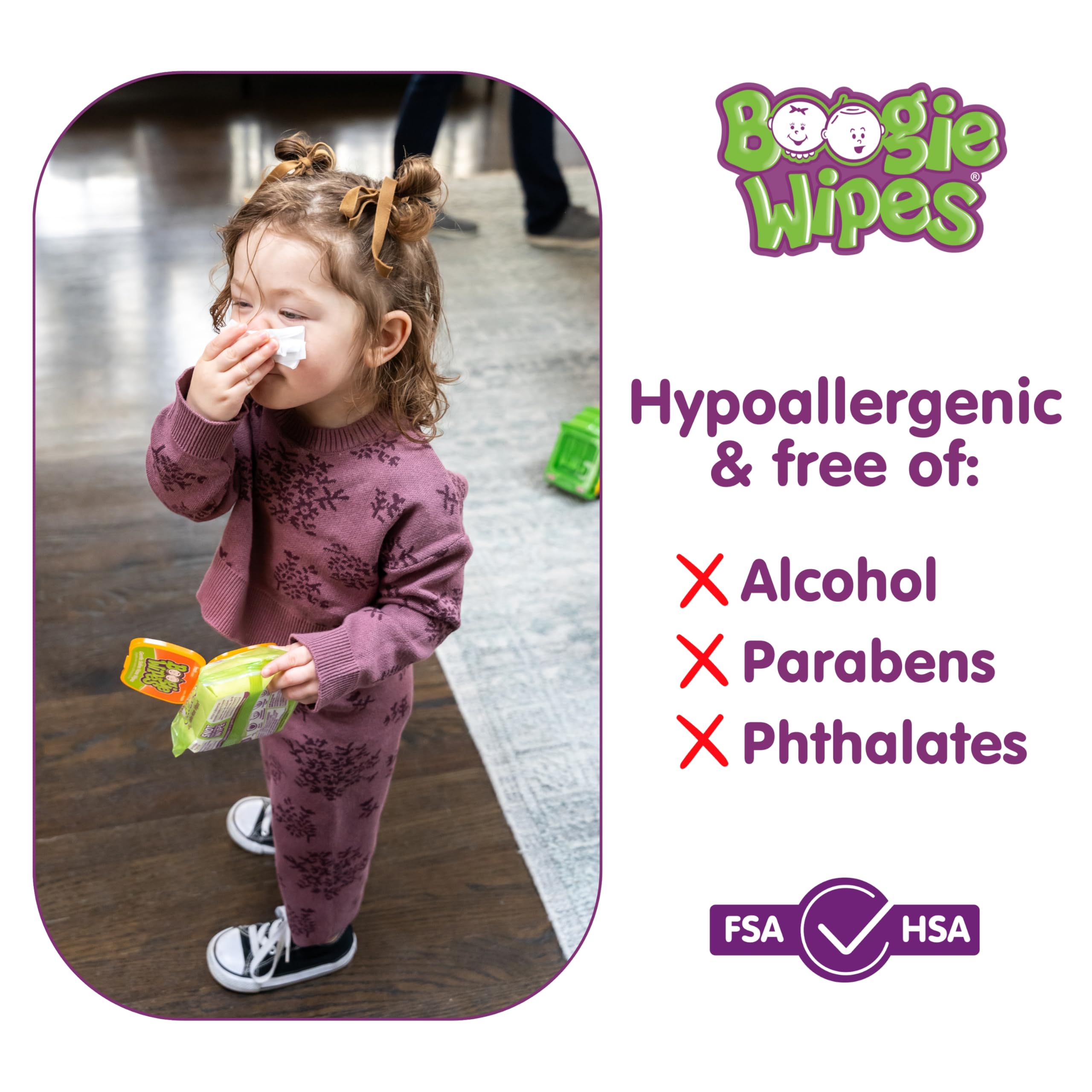 Saline Nose Wipes by Boogie, for Baby & Kids, Face, Hand & Body, FSA/HSA Eligible, Made with Vitamin E, Aloe, and Natural Saline, Fresh Scent, 45 Count (Pack of 1)