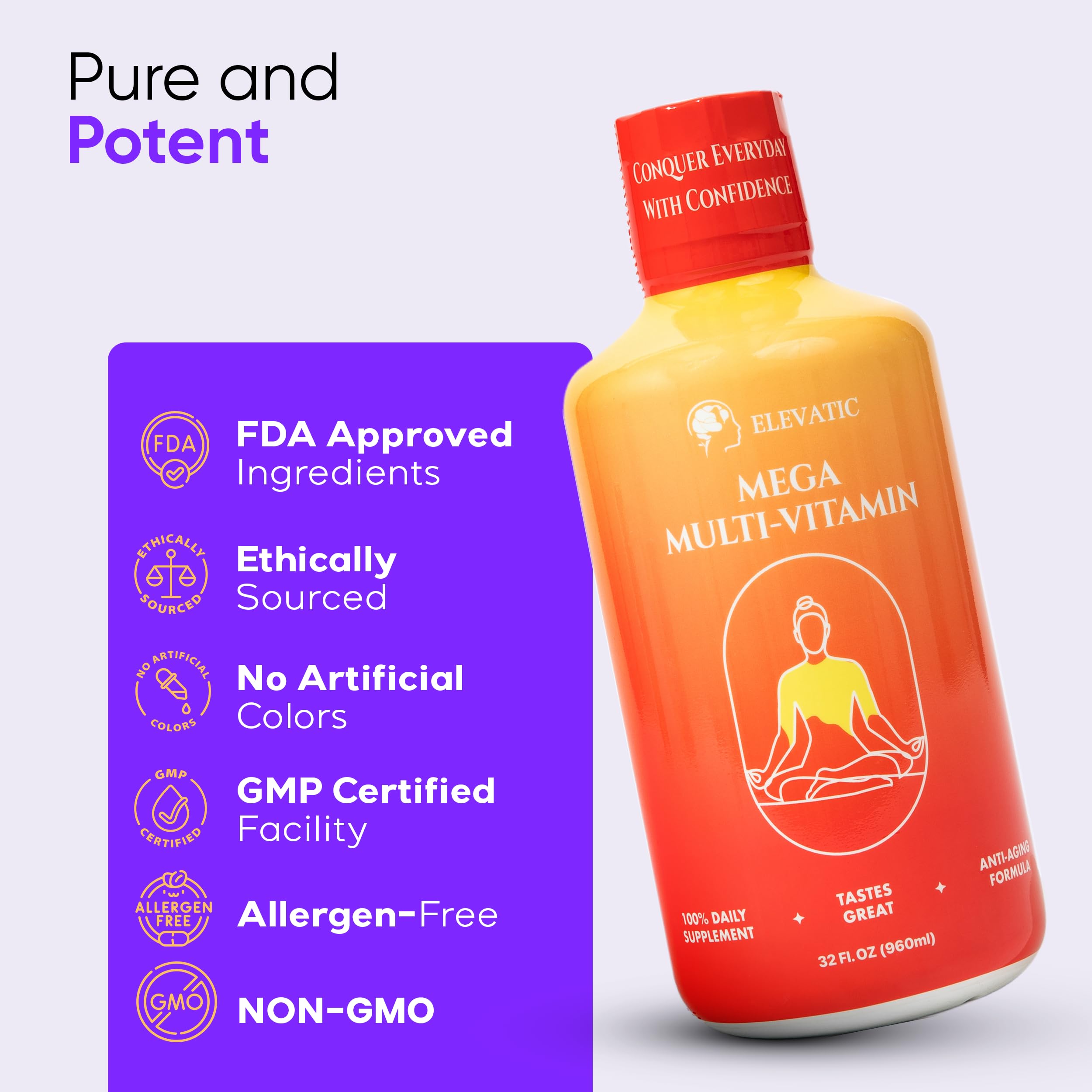 Elevatic Mega Liquid Multivitamin | 32 Fl.oz (960ml) | Easy to Consume Daily Use Multivitamin Liquid | Nutrition & Immune Support | Packed with Vital Nutrients for All