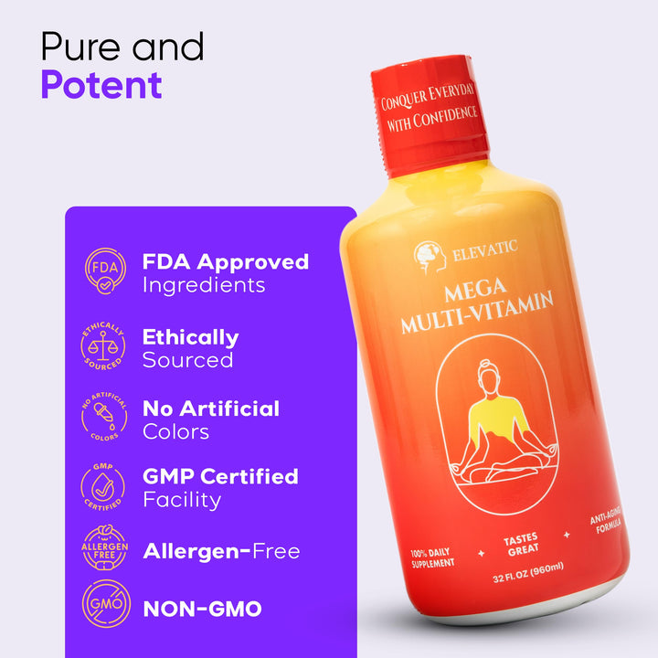 Elevatic Mega Liquid Multivitamin | 32 Fl.oz (960ml) | Easy to Consume Daily Use Multivitamin Liquid | Nutrition & Immune Support | Packed with Vital Nutrients for All