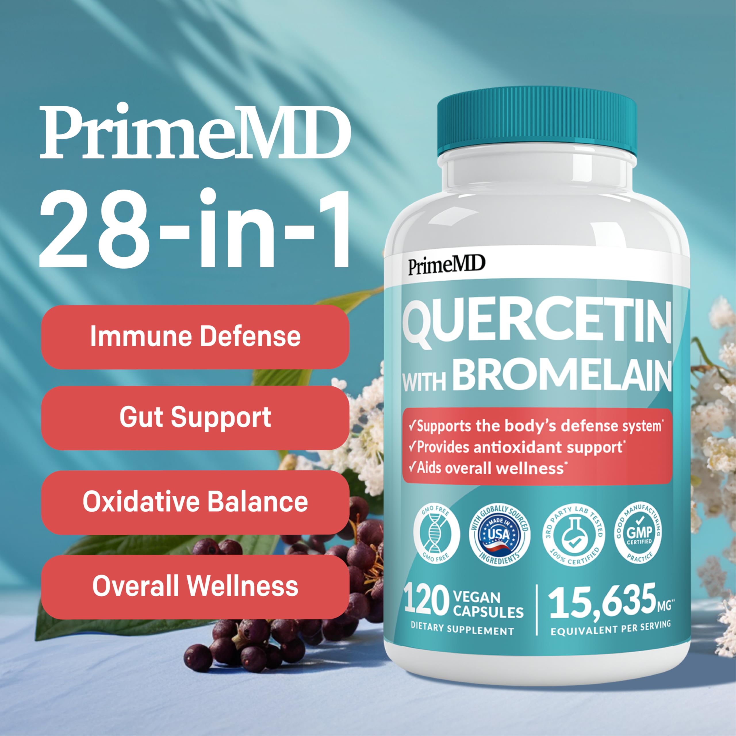 28-in-1 Quercetin with Bromelain Supplement for Daily Immune Defense Support - Quercetin with Vitamin C and Zinc for Adults Enriched with Vitamin D and Elderberry (120ct)