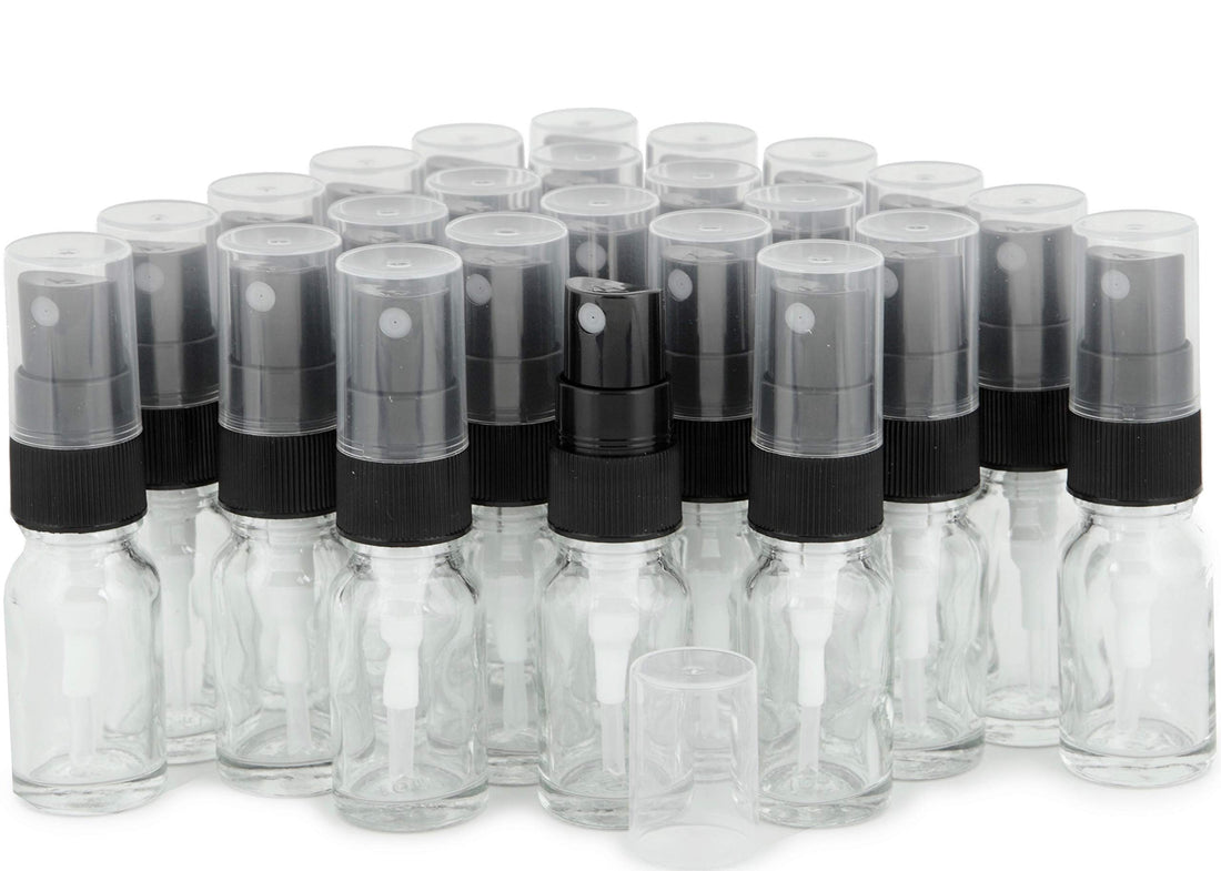 Vivaplex, 24, Clear, 10 ml (1/3 oz) Glass Bottles, with Black Fine Mist Sprayer's