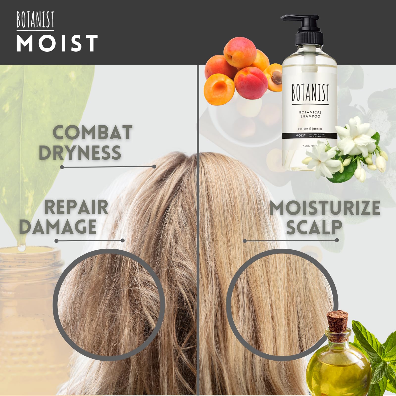 Botanist Organic Shampoo for Dry & Damaged Hair Women & Men, Keratin Shampoo with Natural Collagen, Macadamia Nut Oil& Rice Ceramide from Japan, Sulfate & Silicone Free, Apricot& Jasmine, 15.5 Fl Oz