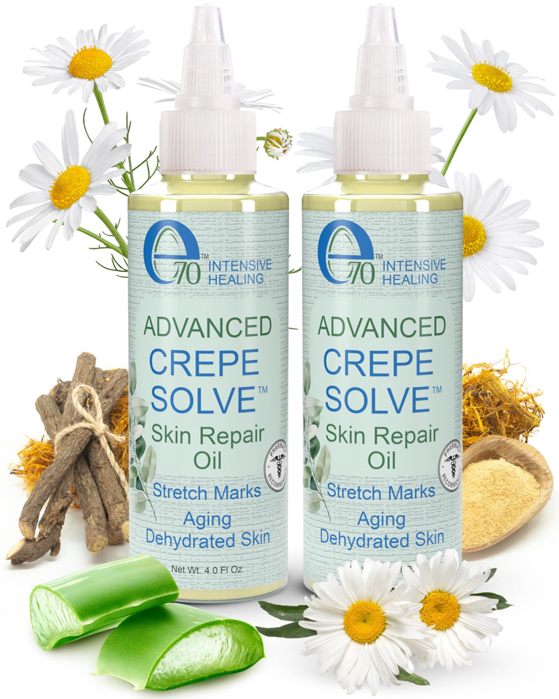 e70 Advance Crepe Solve Hydrating Skin Oil for Women & Men - Made with Natural Oils, Licorice Root & Chamomile Extract - Moisturizing Body Oil for Skin Firmness & Elasticity, 2-Pack