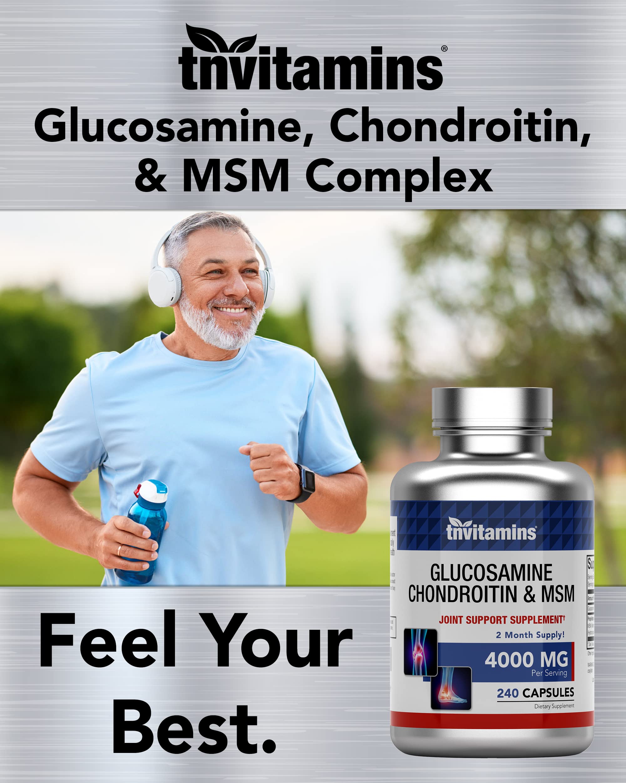 tnvitamins Glucosamine, Chondroitin, & MSM (4000 MG - 240 Capsules) for Men & Women | Joint Support Supplement Complex* | More Than Triple Strength! | Non-GMO | Produced in The USA
