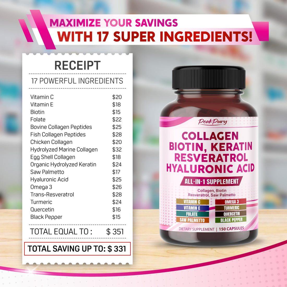 PEAKPURY Collagen Biotin Resveratrol Saw Palmetto - Skin, Joint Health Support - Made in USA