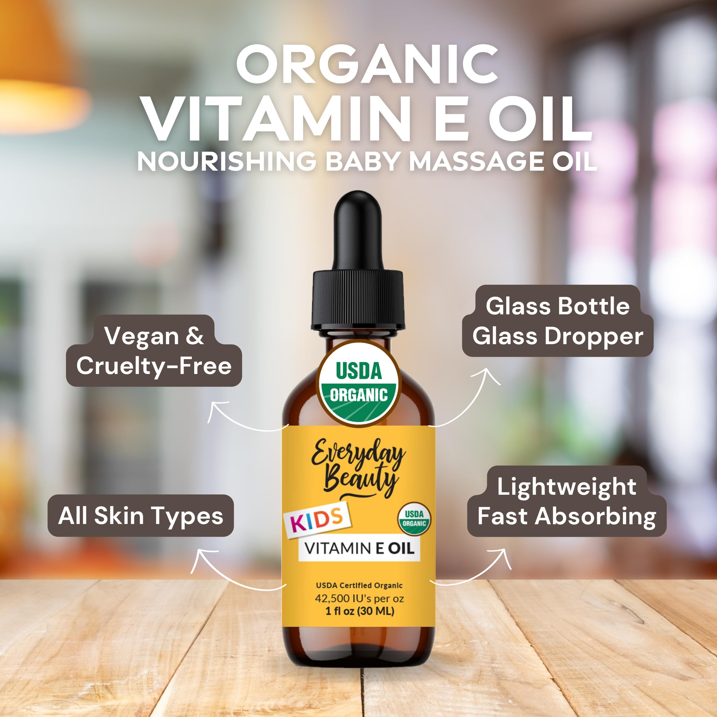 Organic Vitamin E Oil - Nourishing Baby Massage Oil for Moisturizing Dry Skin - Fragrance Free & All Natural Plant Based, Lightweight Unscented Gentle Blend - 1 fl oz Glass Bottle With Glass Dropper