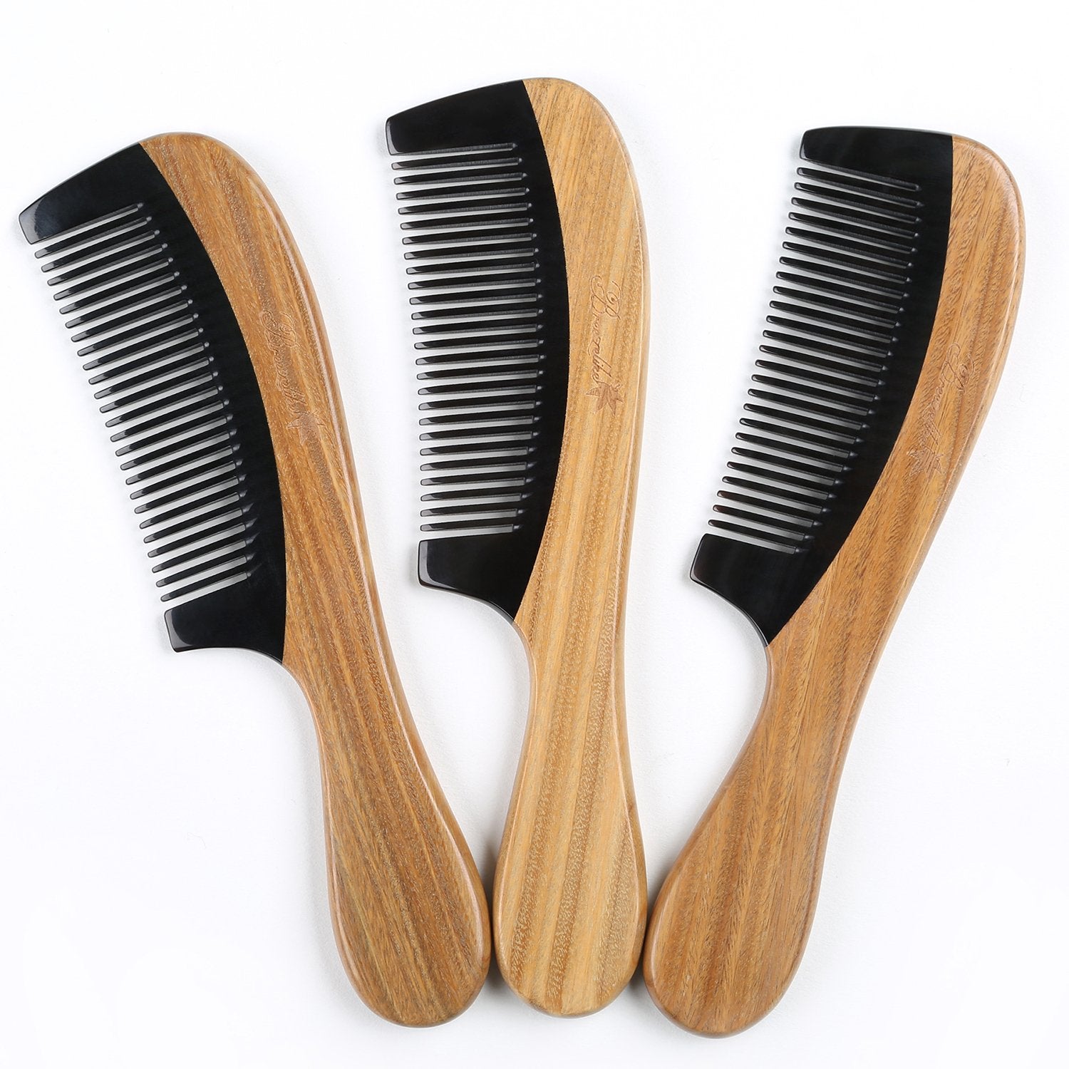 No Static Black Buffalo Horn Comb With Sandalwood Handle (Rounded)