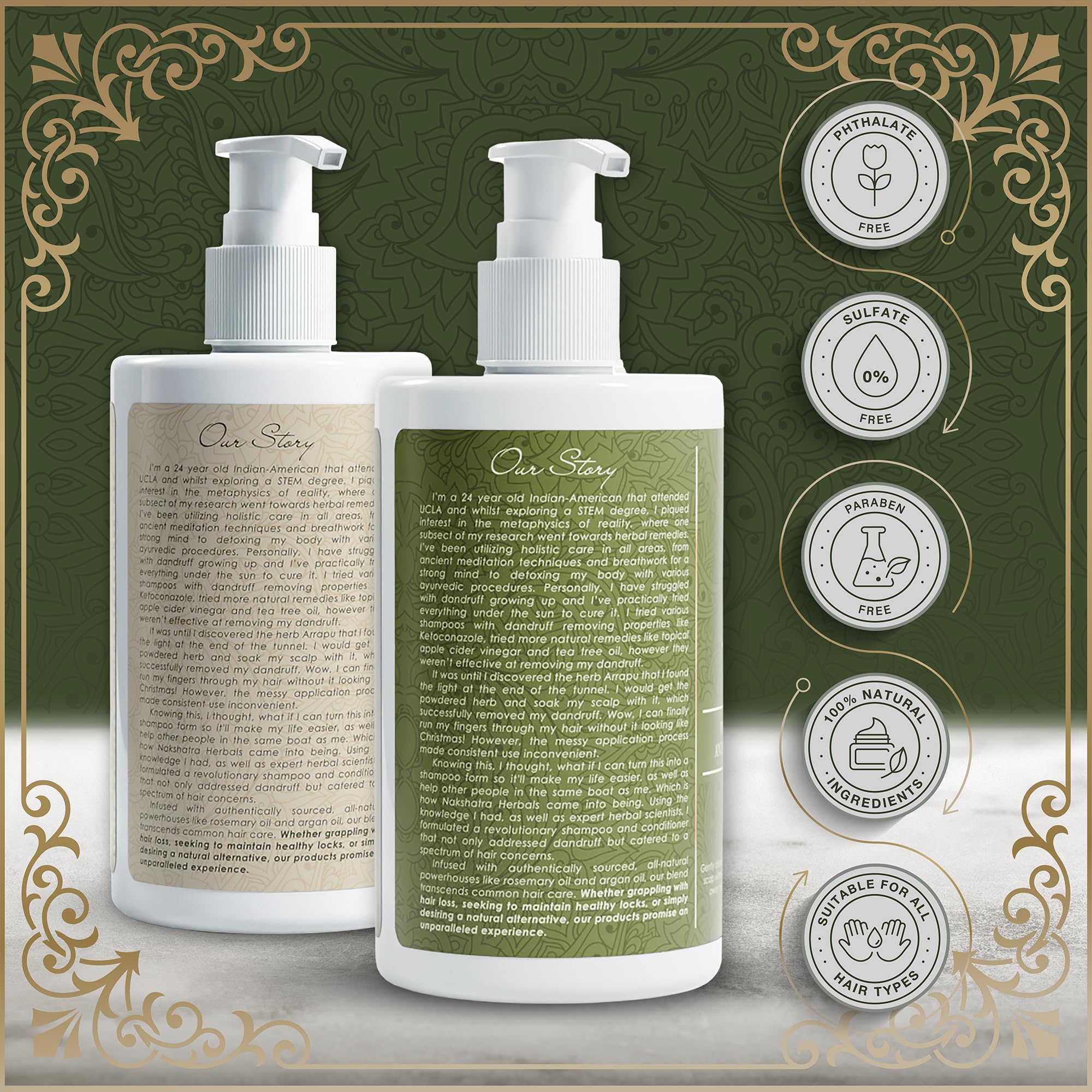 NAKSHATRA HERBALS Shampoo & Conditioner | 100% Natural Anti-Dandruff & Anti-Hairloss Herbal Solution | For All Hair Types | Ayurvedic | 13.5 oz (x2)