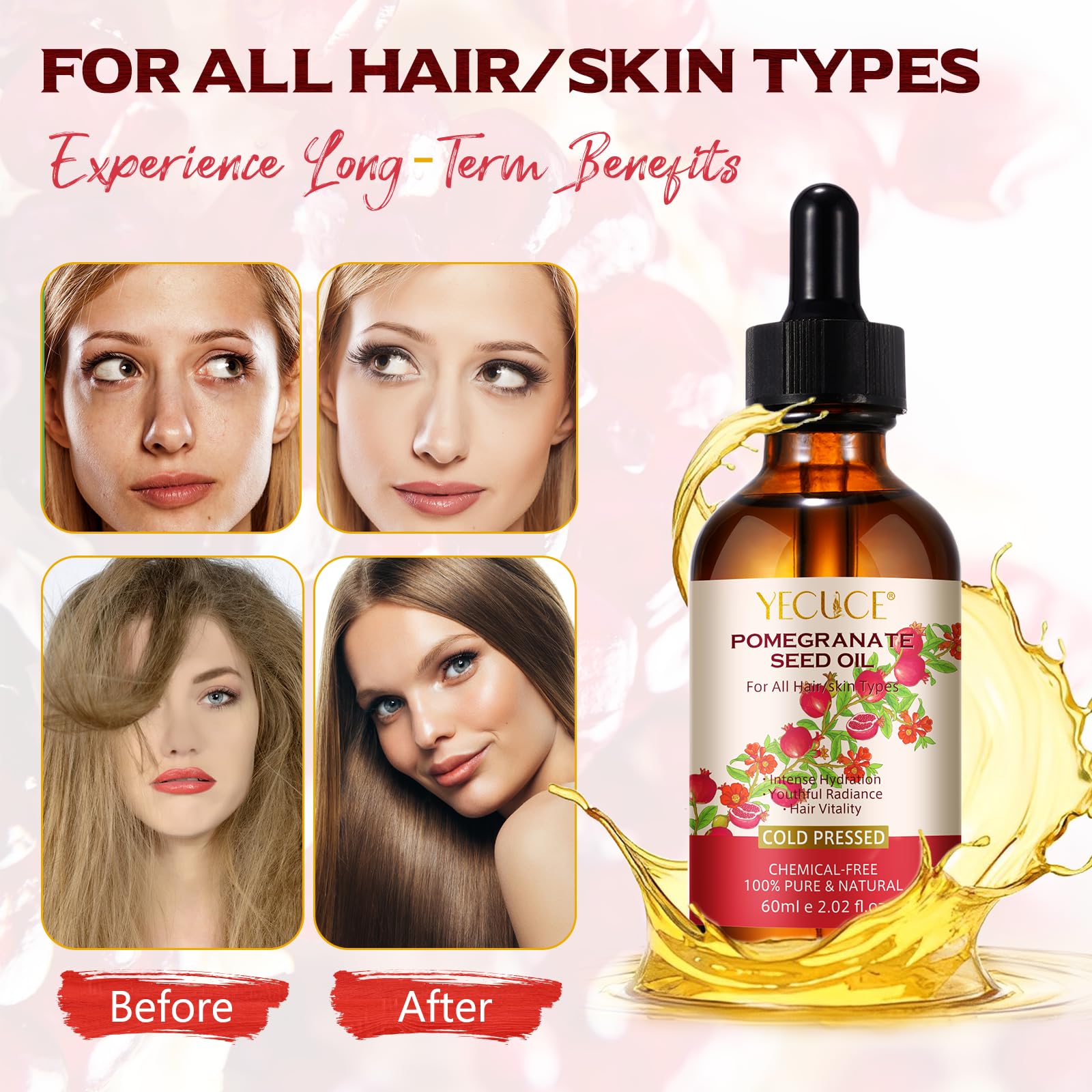 QJCWXIAOX Organic Pomegranate Seed Oil, Pure & Natural Pomegranate Seed Oil for Body, Face & Skin, Cold Pressed Essential Oil for Anti-aging Skin Care,Glass Bottle Moisturizer Oil for Body