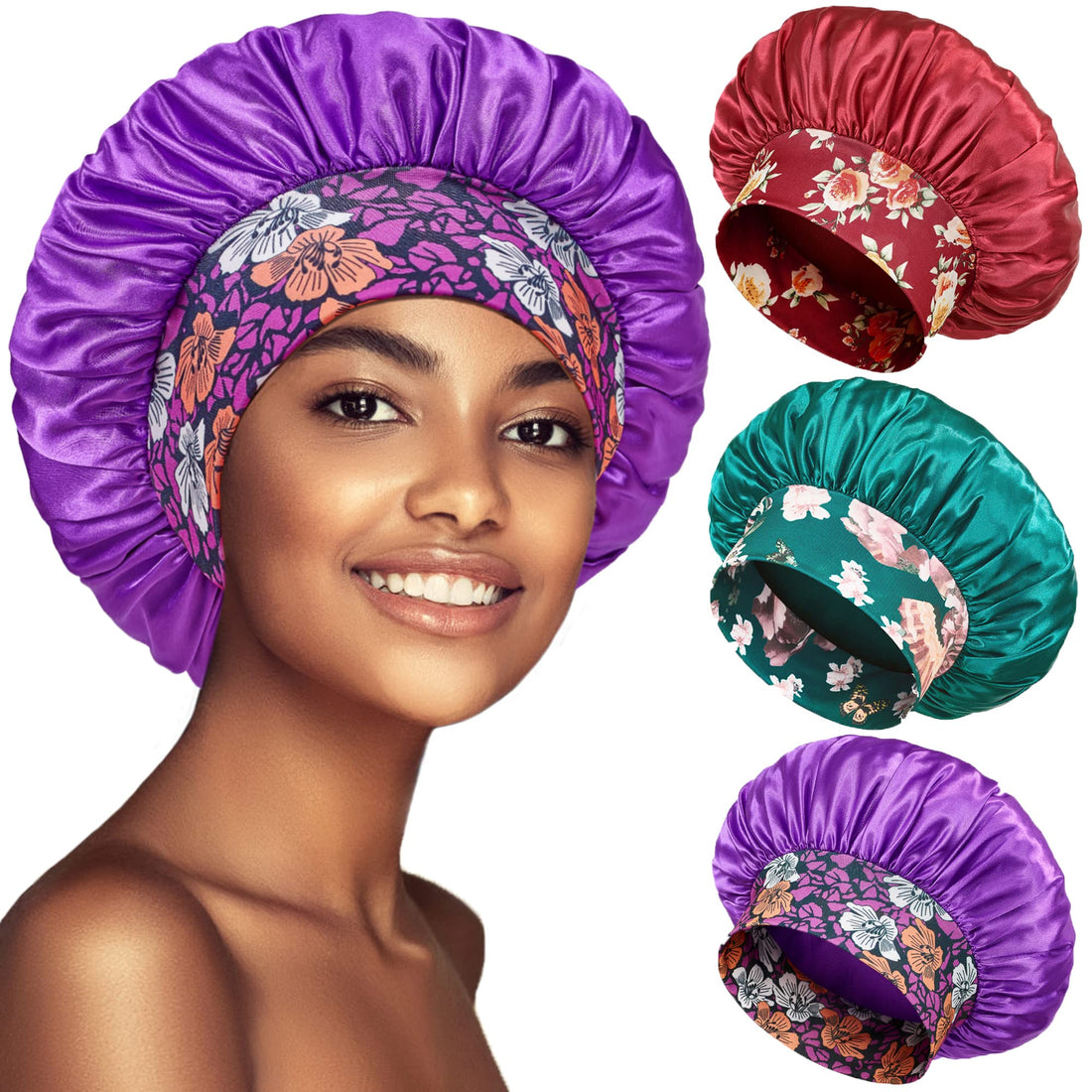 3 Pack Satin Bonnet Silk Hair Bonnet for Sleeping, Sleep Bonnets for Women Large Wide Soft Band Sleep Cap for Curly Hair Braids
