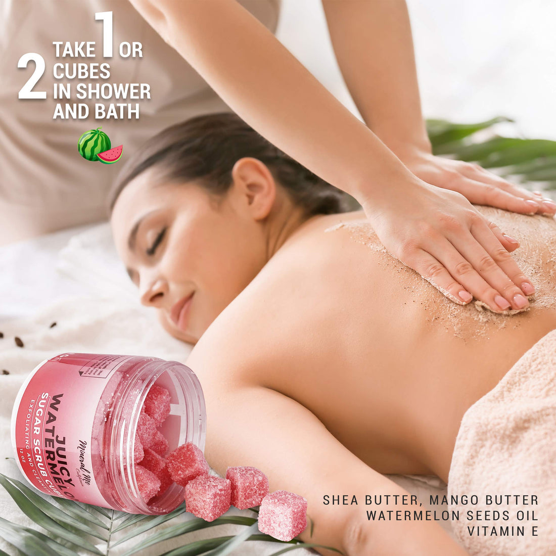 Body Scrub Exfoliator - 12oz WATERMELON Sugar scrub cubes w/Mango Butter & Shea butter- Ultra Hydrating & Moisturizing - All Natural & Organic for all body exfoliation- For hands, arms legs, elbow