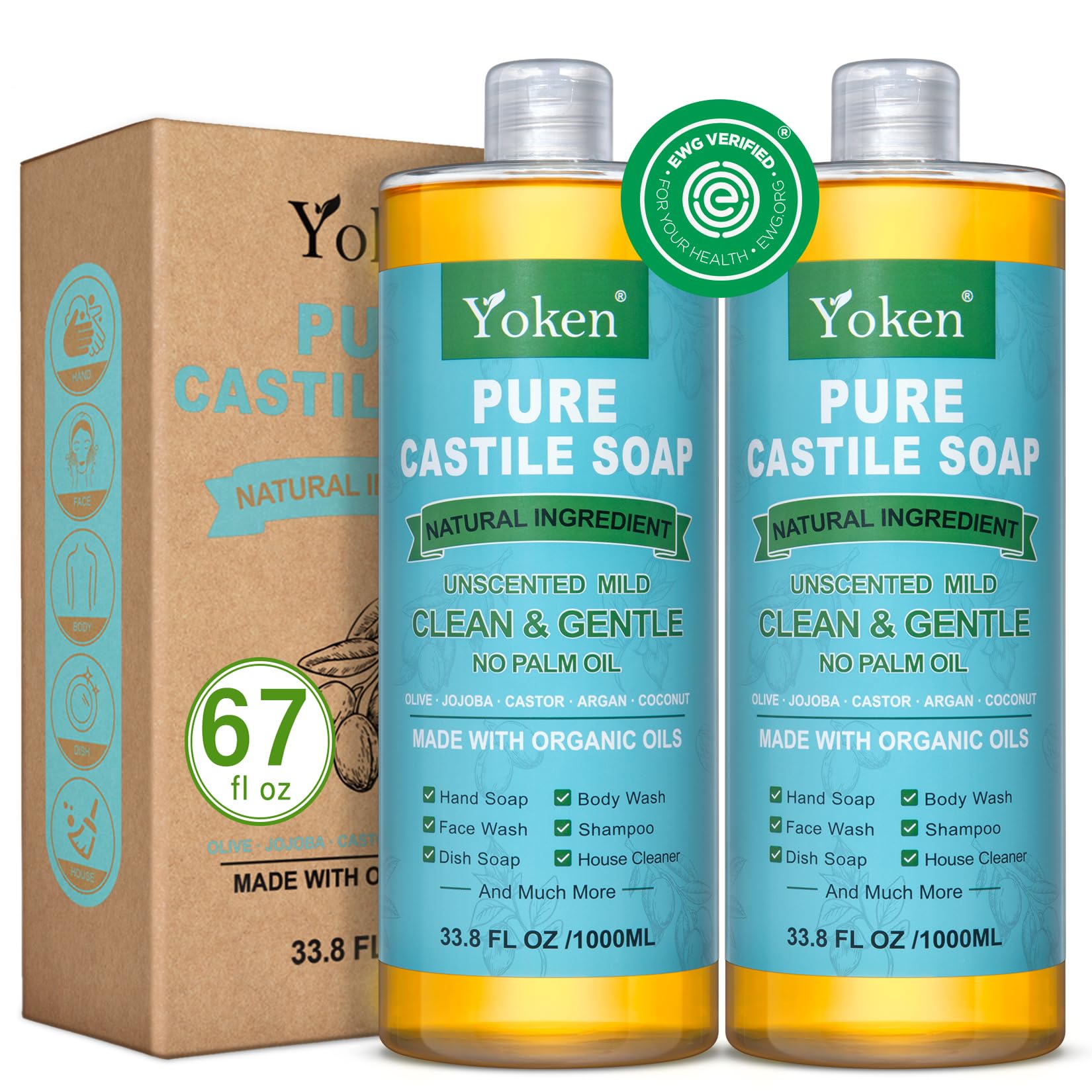 Yoken Pure Castile Soap Liquid Unscented 67 fl oz Castile Liquid Soap Made With Organic Oil, Clean & Gentle, No Palm Oil,Vegan, Natural Castile Soap for Face Body Wash, Hand Soap, Dishes Multi-purpose