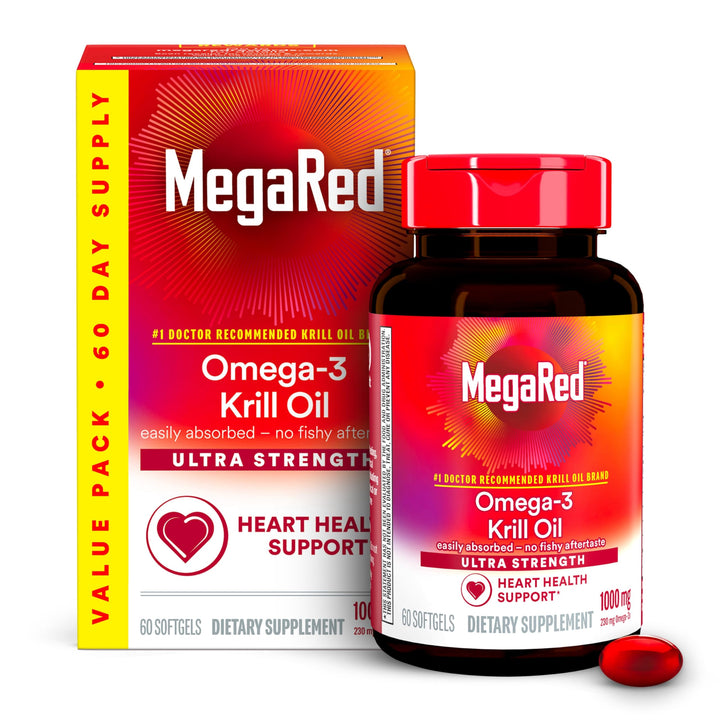 MegaRed Ultra Strength 1000mg Omega-3 Krill Oil Supplement with EPA/DHA, Astaxanthin & Phospholipids, No Fish Oil Aftertaste Supports Heart, Brain, Joint and Eye Health, 60 Count Softgels.