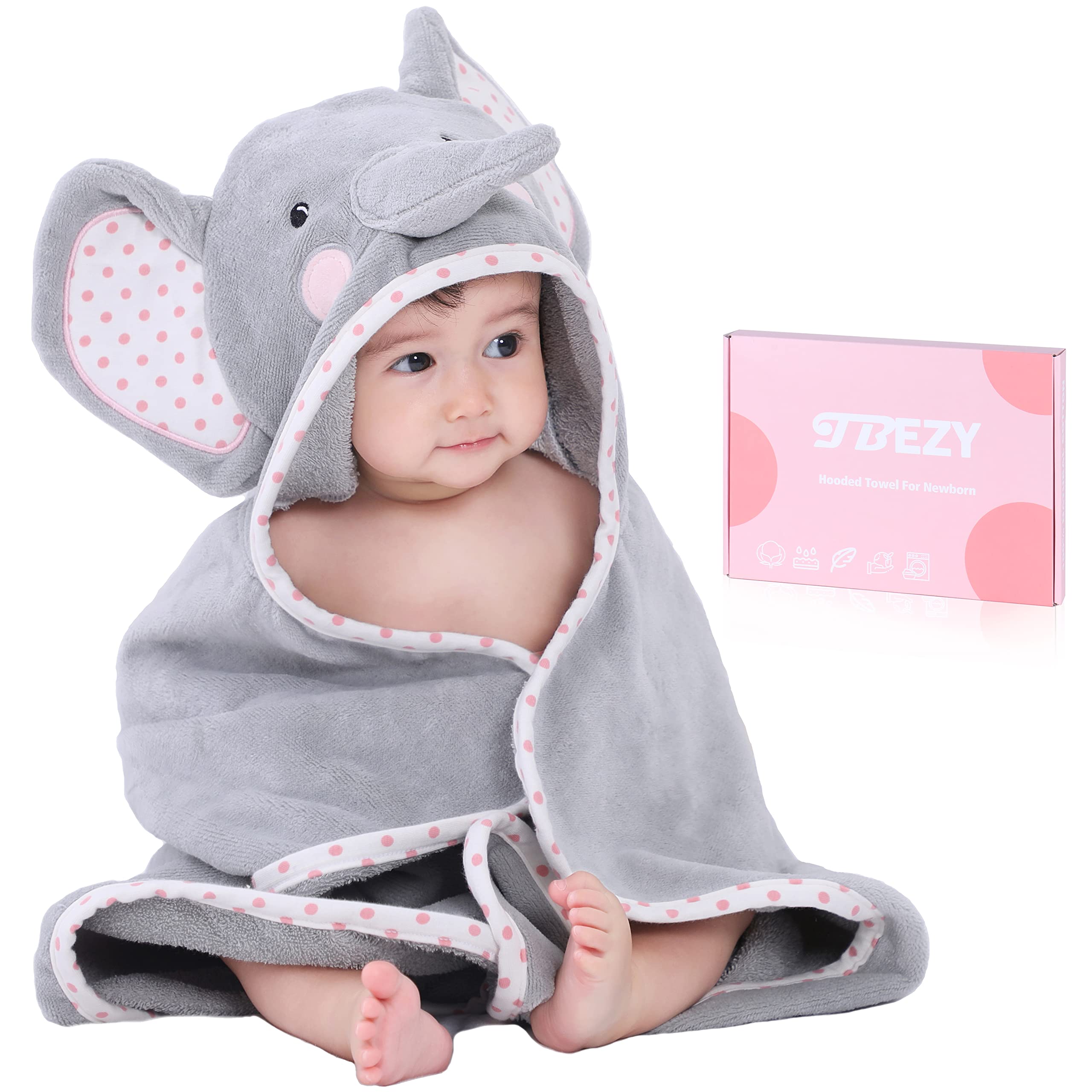 TBEZY Baby Hooded Towel with Unique Animal Design Ultra Soft Thick Cotton Bath Towel for Newborn (Elephant)