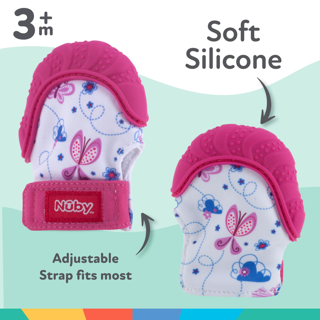 Nuby Soothing Teething Mitten with Hygienic Travel Bag, Pink.