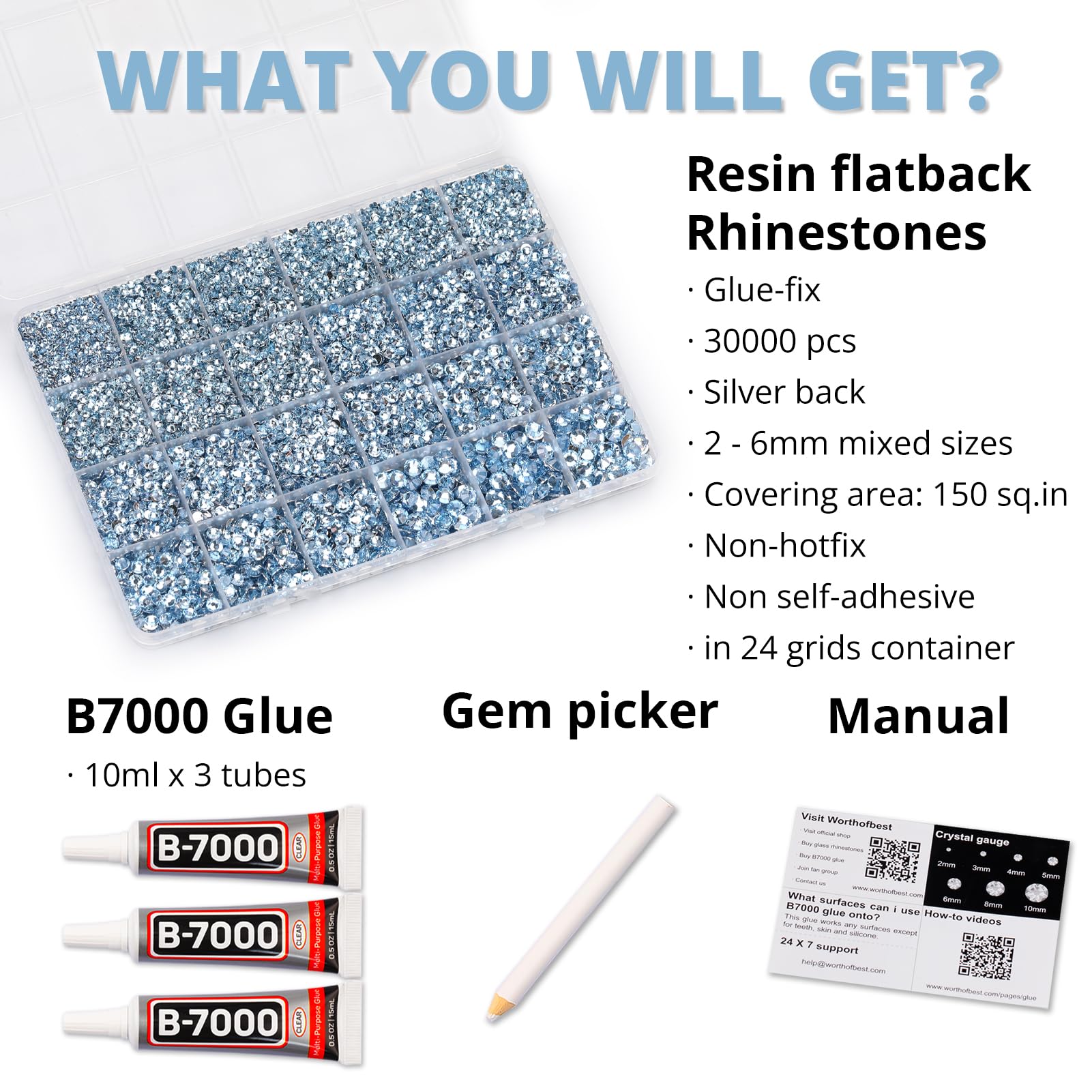 30000Pcs Resin Rhinestones Set for Crafting Bedazzling, Light Blue Flatback Gems Jewels for Crafts Clothes Shoes Fabric Outfit Nails Makeup, Flat Back Crystal 2-6mm with b 7000 Glue