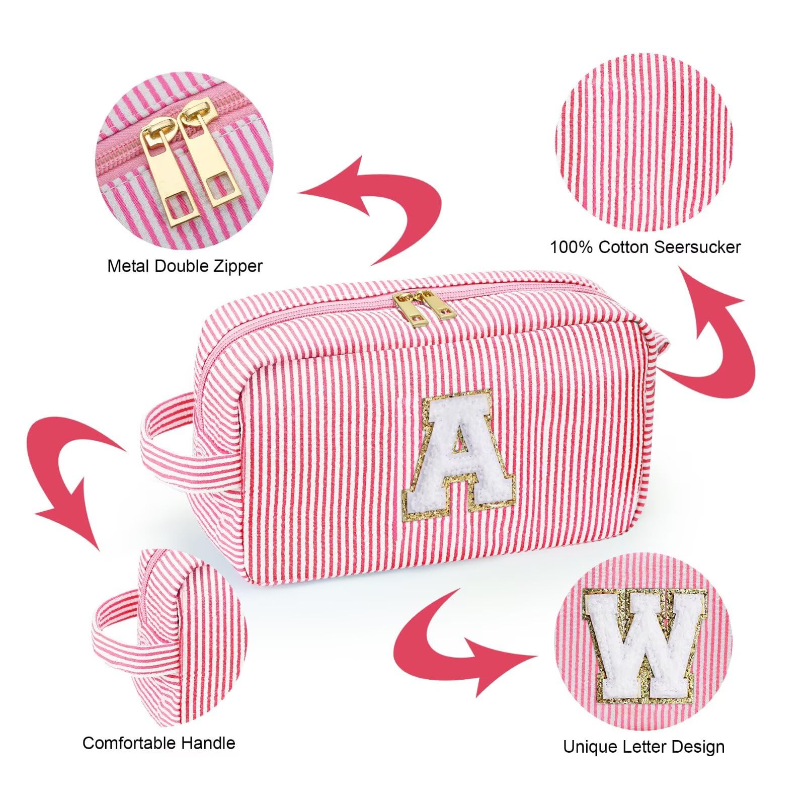 YOOLIFE Initial Makeup Bag for Women - Cute Pink Toiletry Bags Cosmetic Pouch for Teen Girls, Personalized Birthday Gifts for Women Friends Sister Daughter, Letter L