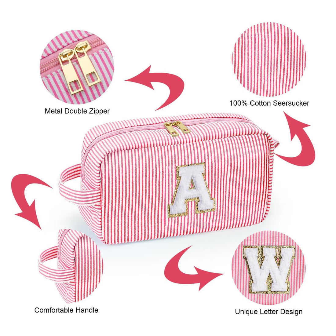 YOOLIFE Initial Makeup Bag for Women - Cute Pink Toiletry Bags Cosmetic Pouch for Teen Girls, Personalized Birthday Gifts for Women Friends Sister Daughter, Letter L