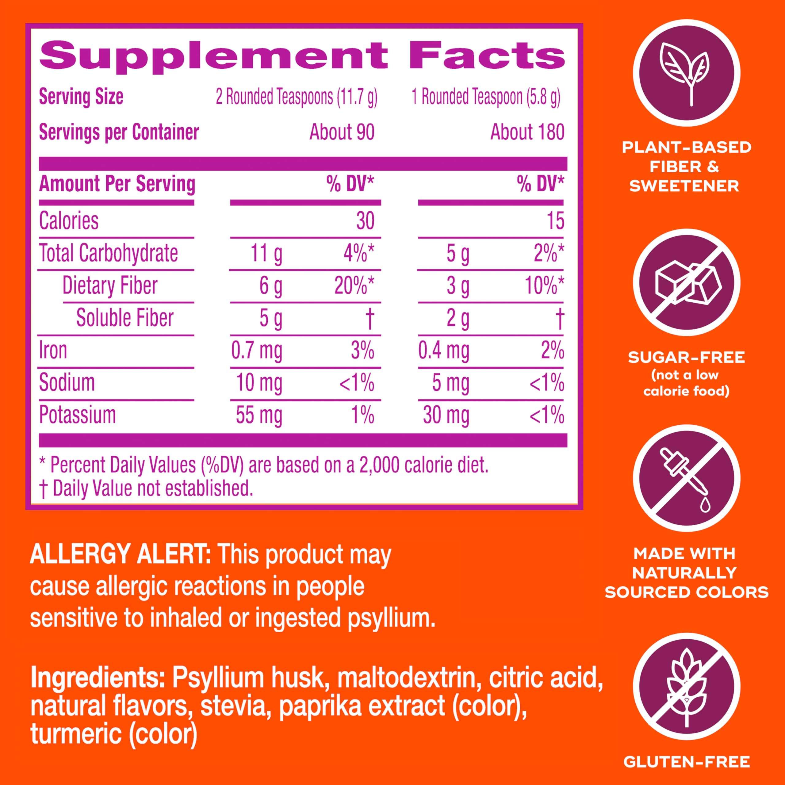 Metamucil Premium Blend, 4-in-1 Fiber Supplement for Digestive Health, Psyllium Husk Fiber Powder, Sugar-Free with Stevia, Plant-Based Fiber Supplement, Orange Flavored, 180 teaspoons