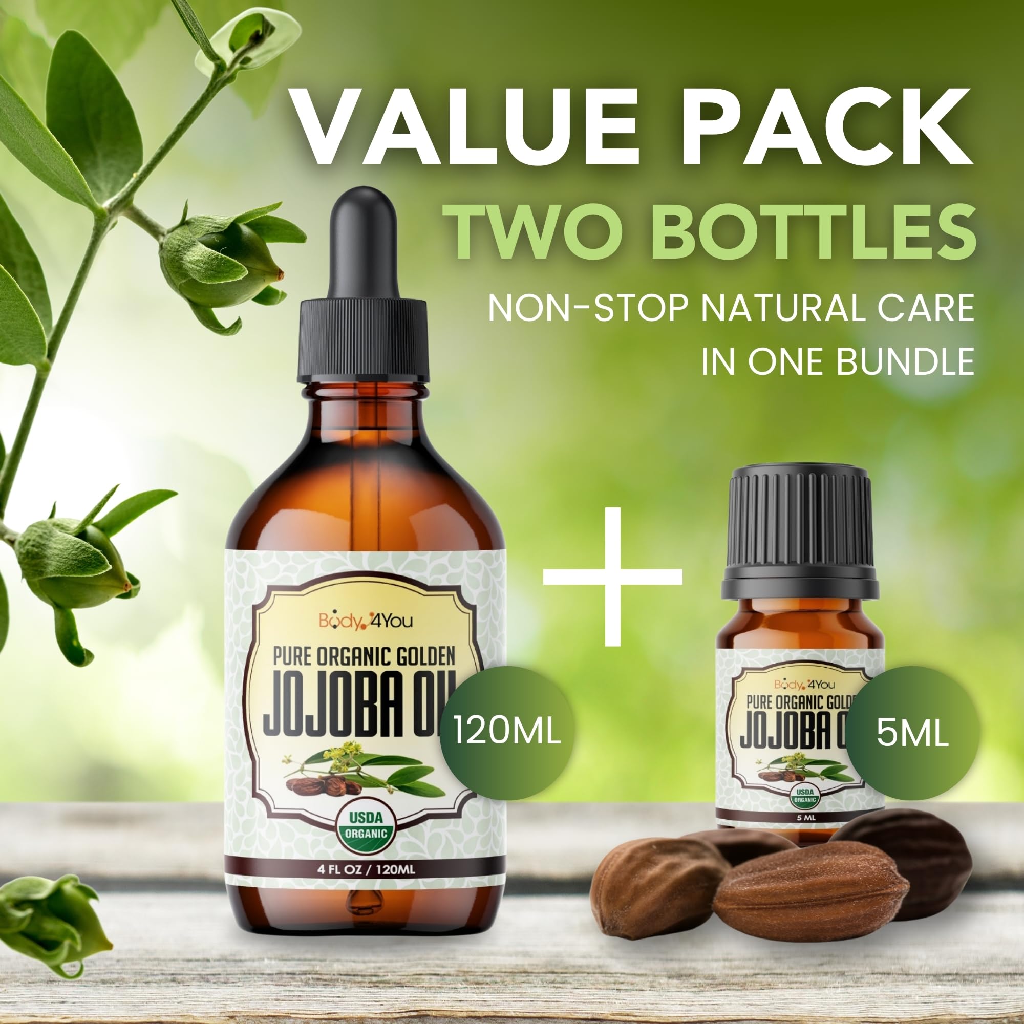 BodyJ4You USDA Organic Jojoba Oil - 100% Pure Natural Face Body Hair Anti-Aging Oil - Premium Grade Oil Cold-Pressed Hexane-Free - Base Carrier Oil - 4.22 Fl Oz