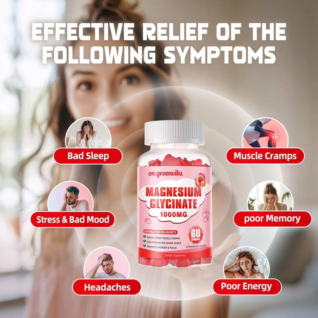 Magnesium Glycinate Gummies 1000mg - Sugar Free Magnesium Potassium Supplement with Vitamin D, B6, CoQ10 for Calm Mood & Sleep Support - 60 Strawberry Gummies