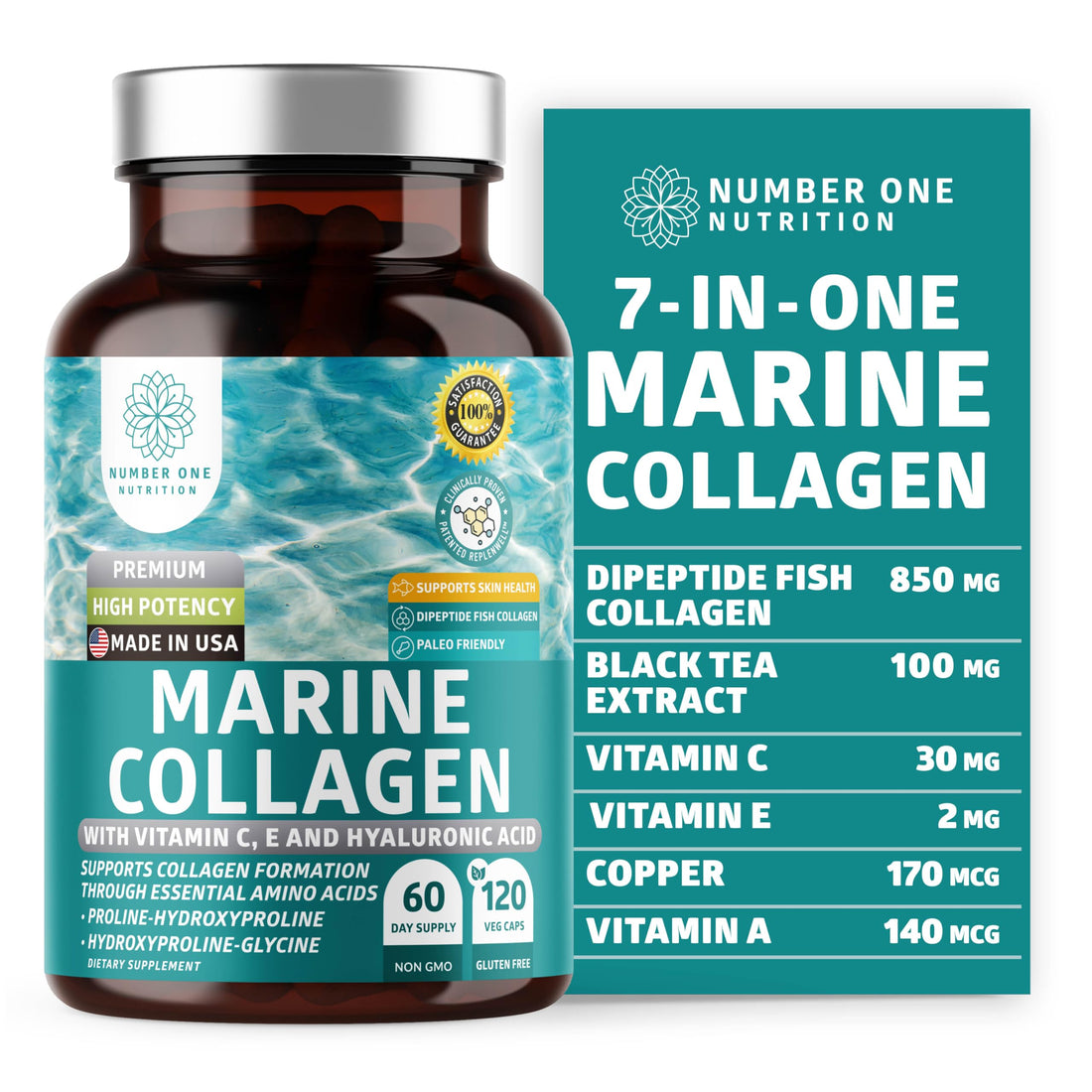 Premium Marine Collagen Dipeptides with Hyaluronic Acid, Vitamin C, Theaflavin and Copper, Collagen Supplement for Women and Men for Radiant Skin, Hair & Nails, Gluten Free and Non-GMO, 120 Veg Caps