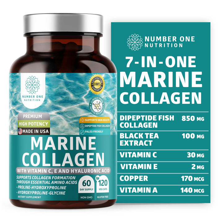 Premium Marine Collagen Dipeptides with Hyaluronic Acid, Vitamin C, Theaflavin and Copper, Collagen Supplement for Women and Men for Radiant Skin, Hair & Nails, Gluten Free and Non-GMO, 120 Veg Caps