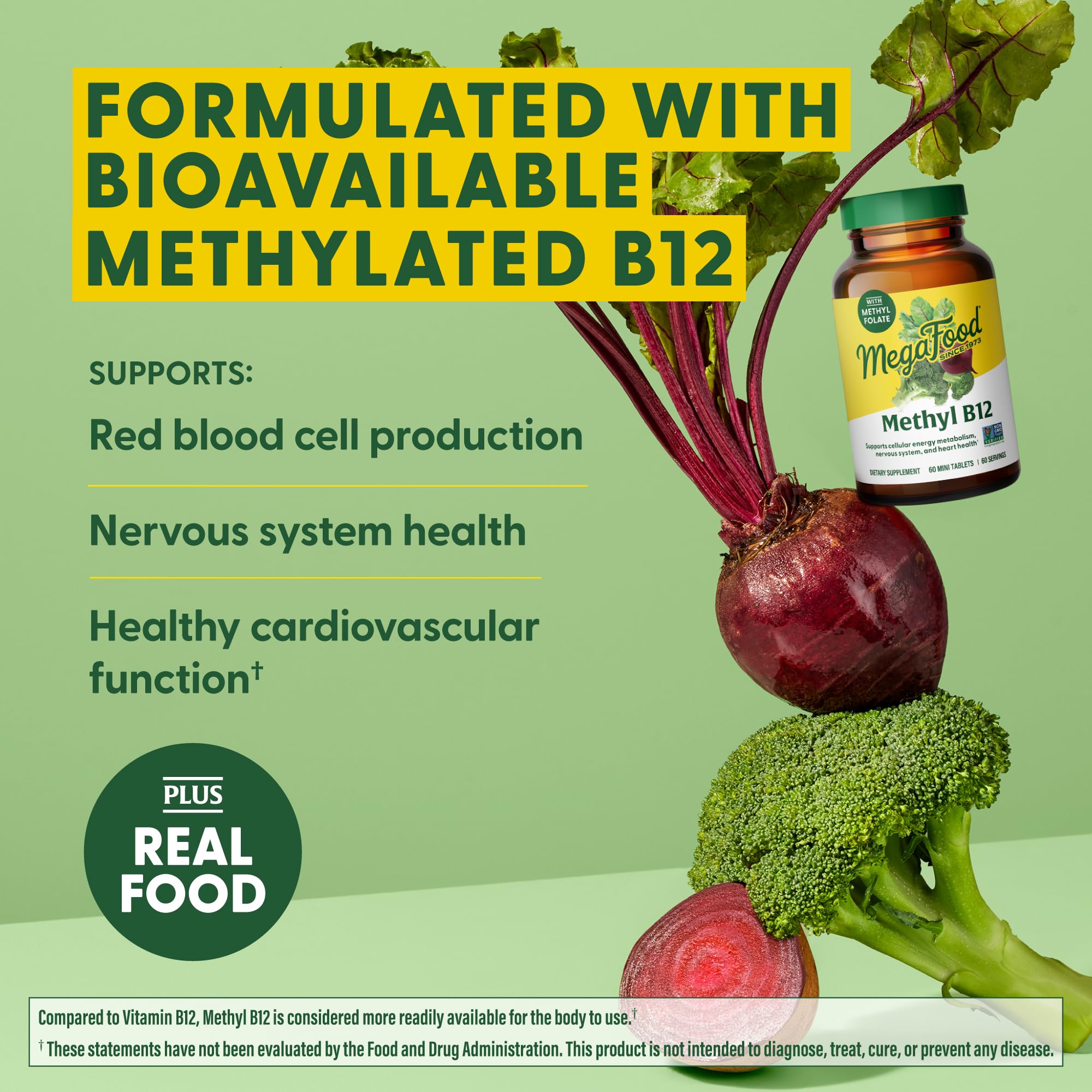 MegaFood Methyl B12 - Vegan - Includes Methyl Folate, Vitamin B12 & B6 - Supports Cellular Energy Production, Nervous System Health & Cardiovascular Function - 90 Tablets