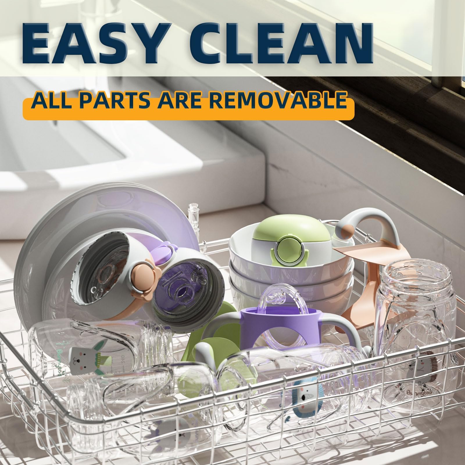 Bunnytoo Baby Sippy Cup with Weighted Straw for Infants 6-12 Months, 8oz Toddler Drinking with Handles, BPA-Free, Transition Trainer for 1+ Year Old (Blue)