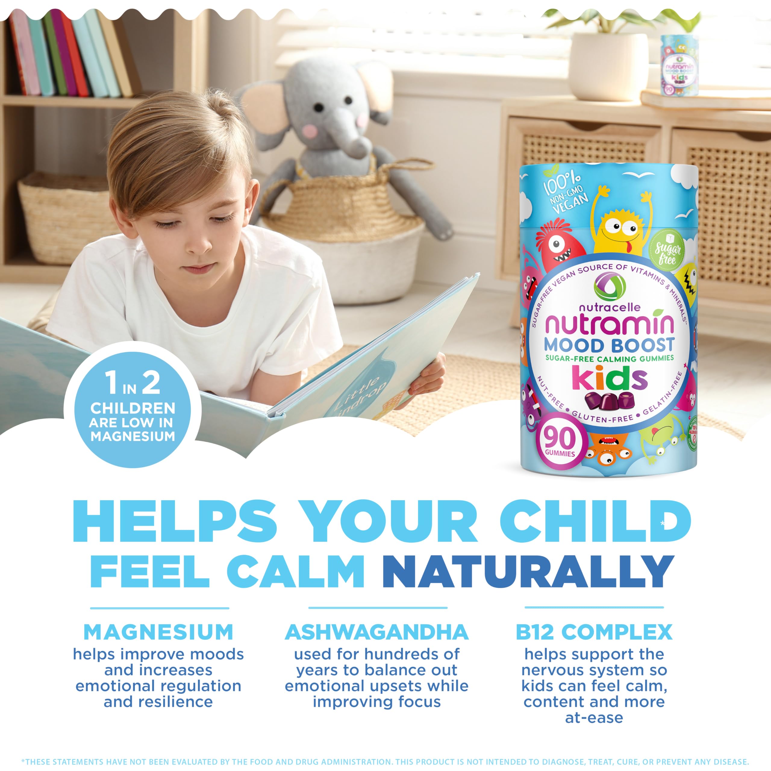 NUTRAMIN Kids Mood Boost Vegam Vitamin Gummy: Calming Magnesium Citrate Supplement for Children with Ashwagandha & Vitamin B Complex to Relax & Focus - Sugar-Free, Allergy-Safe, Non-GMO 90 ct