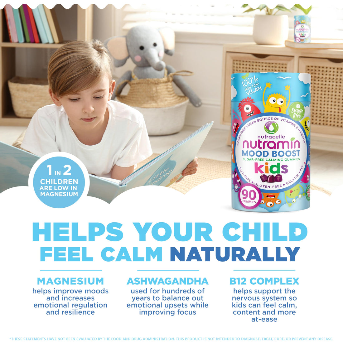 NUTRAMIN Kids Mood Boost Vegam Vitamin Gummy: Calming Magnesium Citrate Supplement for Children with Ashwagandha & Vitamin B Complex to Relax & Focus - Sugar-Free, Allergy-Safe, Non-GMO 90 ct