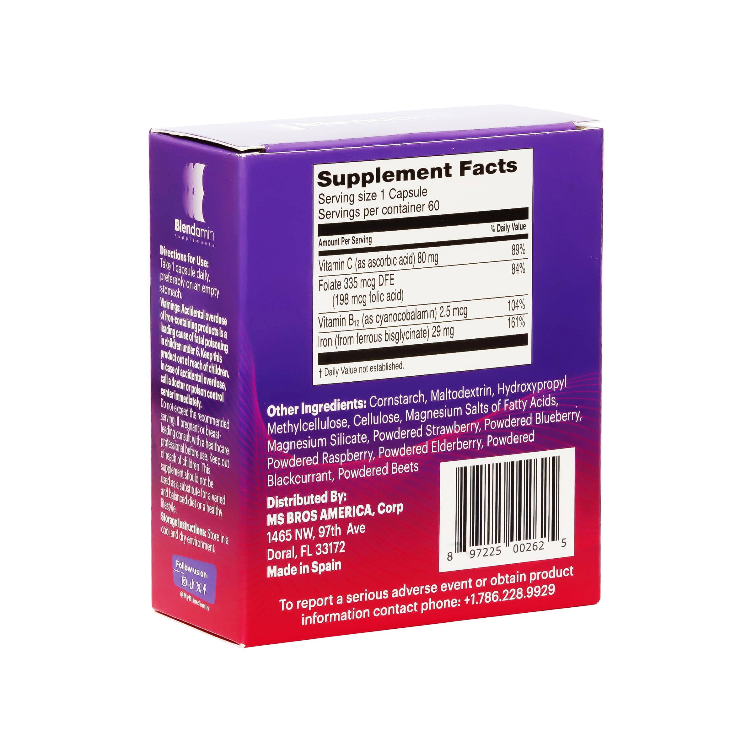 Blendamin Iron Ferrous Bisglycinate with Vitamins B12 Cyanocobalamin, Folic Acid, Vitamin C, Red Cells Formation, Blood & Immunity Health 60 Capsules