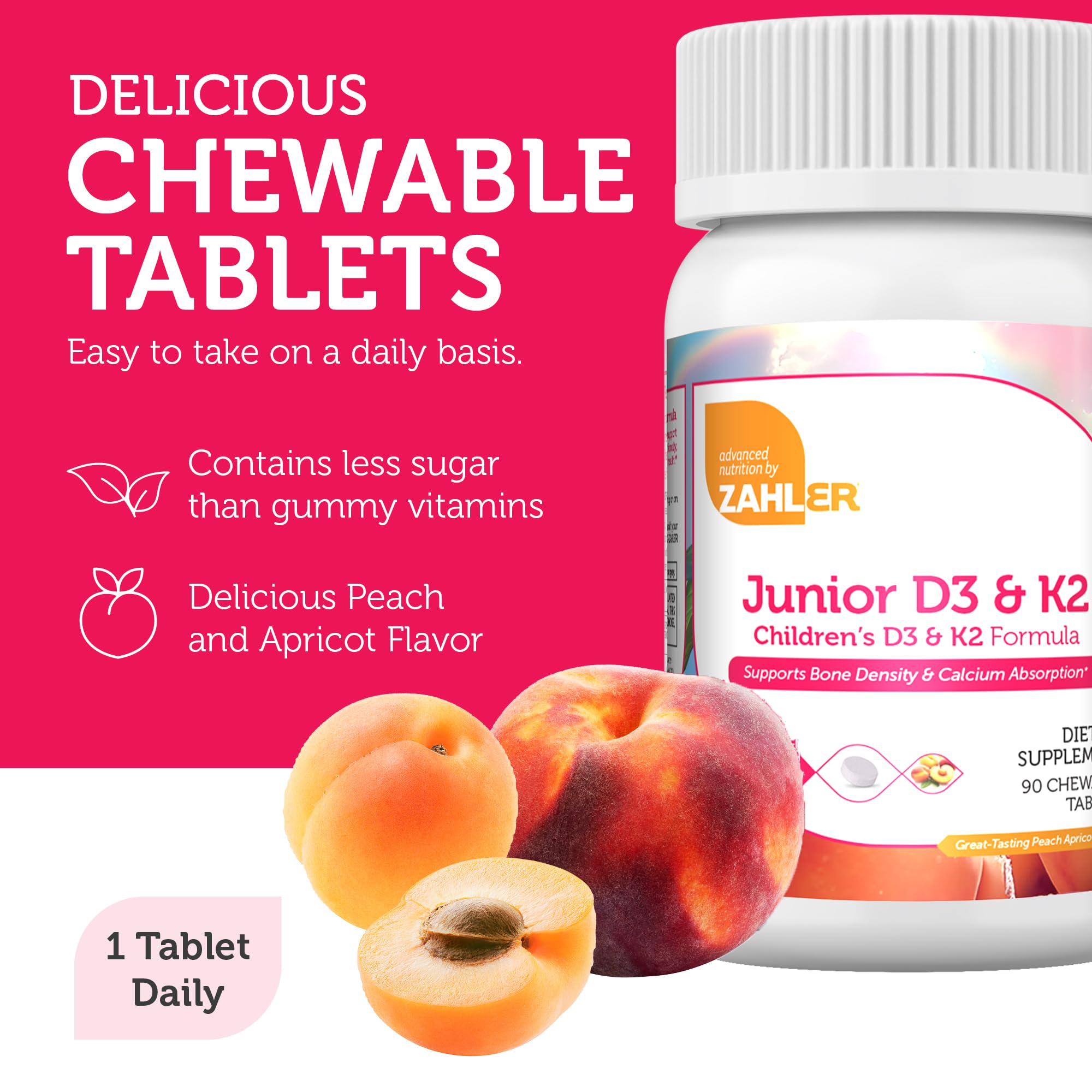 Zahler - Junior Vitamin D3 + K2 Chewable Tablets for Kids| Vitamin D for Kids 2000 IU | Delicious Vitamin D K2 Chews to Support Healthy Bones & Teeth - Kosher, Less Sugar Than Gummies (90 Count)