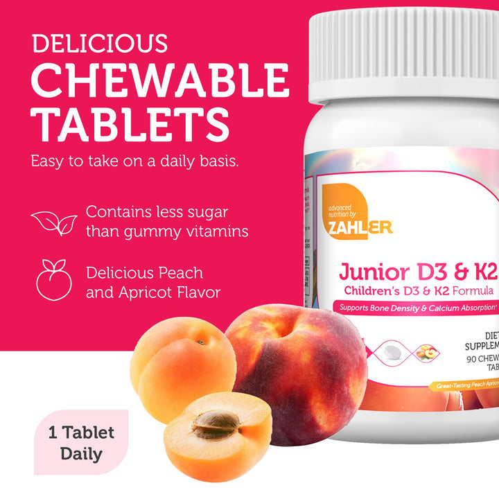 Zahler - Junior Vitamin D3 + K2 Chewable Tablets for Kids| Vitamin D for Kids 2000 IU | Delicious Vitamin D K2 Chews to Support Healthy Bones & Teeth - Kosher, Less Sugar Than Gummies (90 Count)