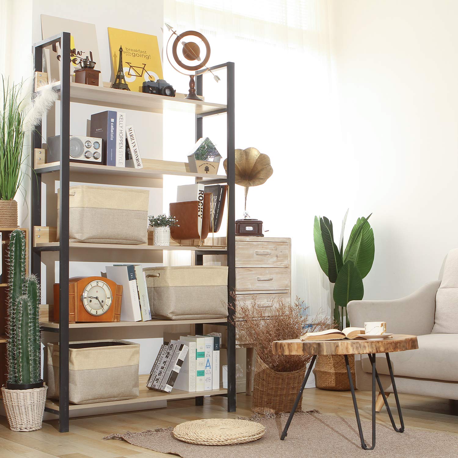 Sea Team 3-Pack Large Storage Basket Set, Trunk Organizer, Clothes Toys Bin, 15 x 10 x 10 Inches, Big Rectangular Canvas Fabric Collapsible Shelf Box with Handles for Kids Room (Tan/Beige)