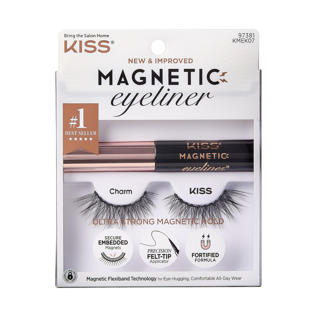 KISS Magnetic Eyeliner & Lash Kit, Charm, 1 Pair of Synthetic False Eyelashes With 5 Double Strength Magnets and Smudge Proof, Biotin Infused Black Magnetic Eyeliner with Precision Tip Brush