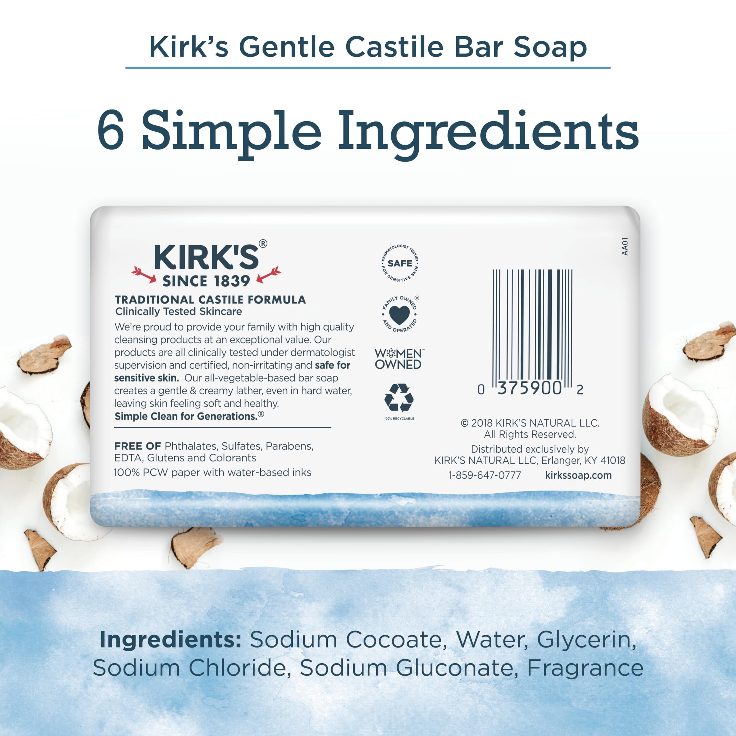 Kirk's Castile Bar Soap Clean Soap for Men, Women & Children| Premium Coconut Oil | Sensitive Skin Formula, Vegan | Original Fresh Scent | 4 oz. Bars - 3 Pack