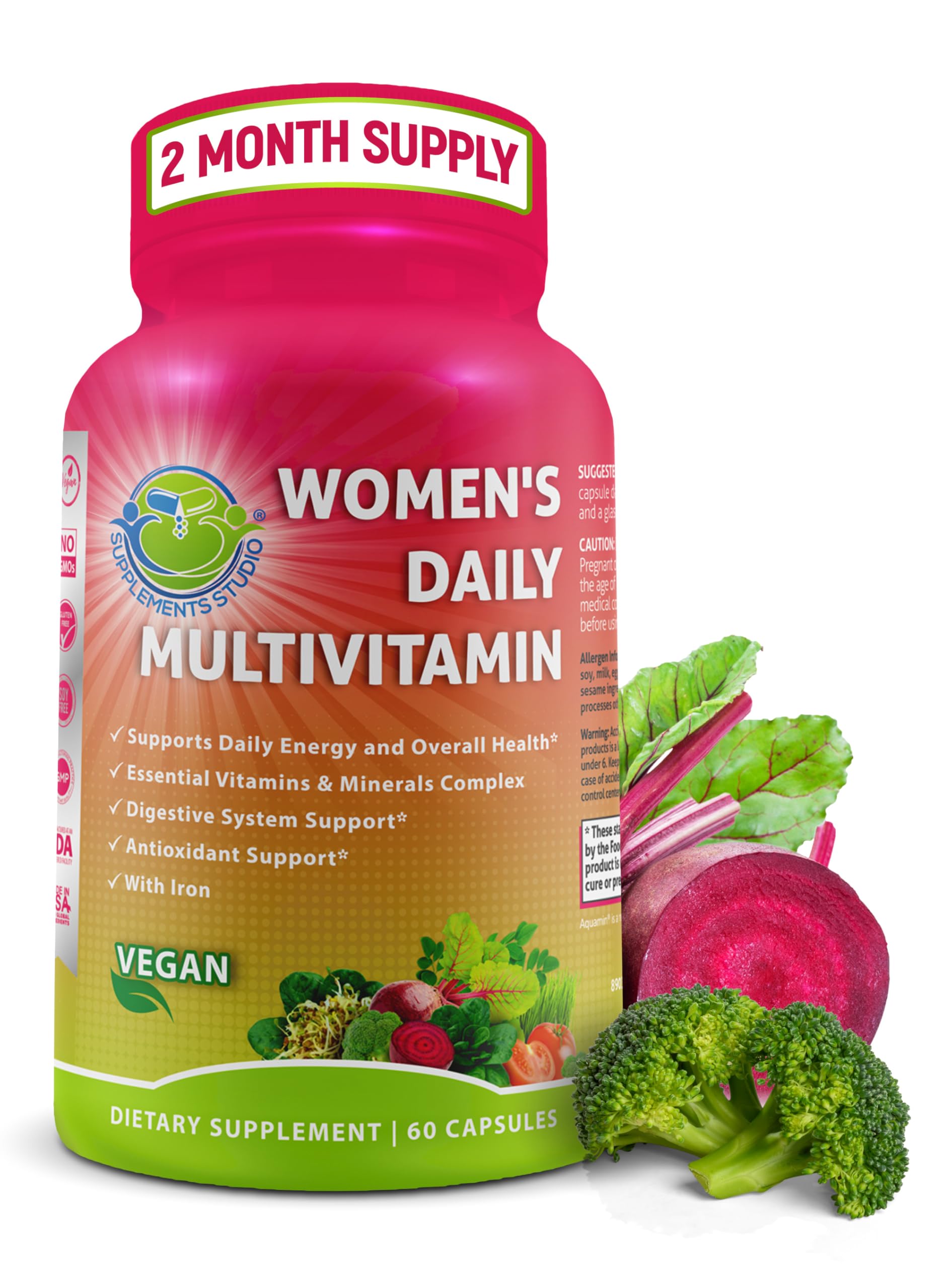 Women's Daily Multivitamin with Iron - Vegan Multivitamin for Women with Biotin, Organic Superfoods, B-Complex, Probiotics, Enzymes - Energy, Immunity, Gut Health Support - Easy to Swallow Capsules