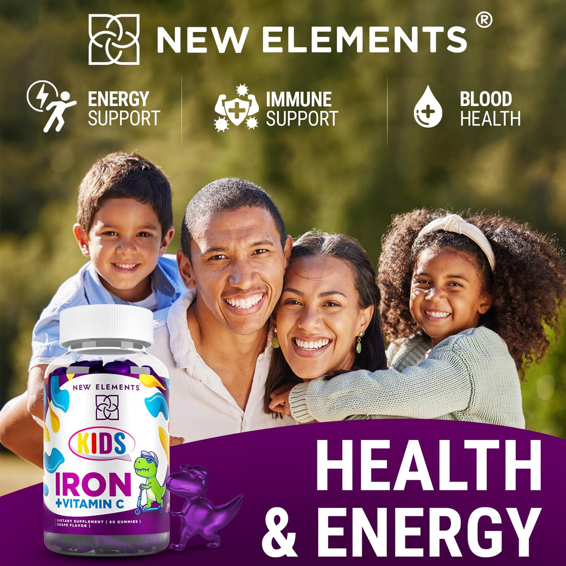 Iron Gummies for Kids with Vitamin C | Sugar Free | Enhanced Energy & Blood Health Support | Anemia Relief, Gluten-Free, Non-GMO, Vegan, Natural Grape Flavor, Crafted with Pectin for Optimal Health