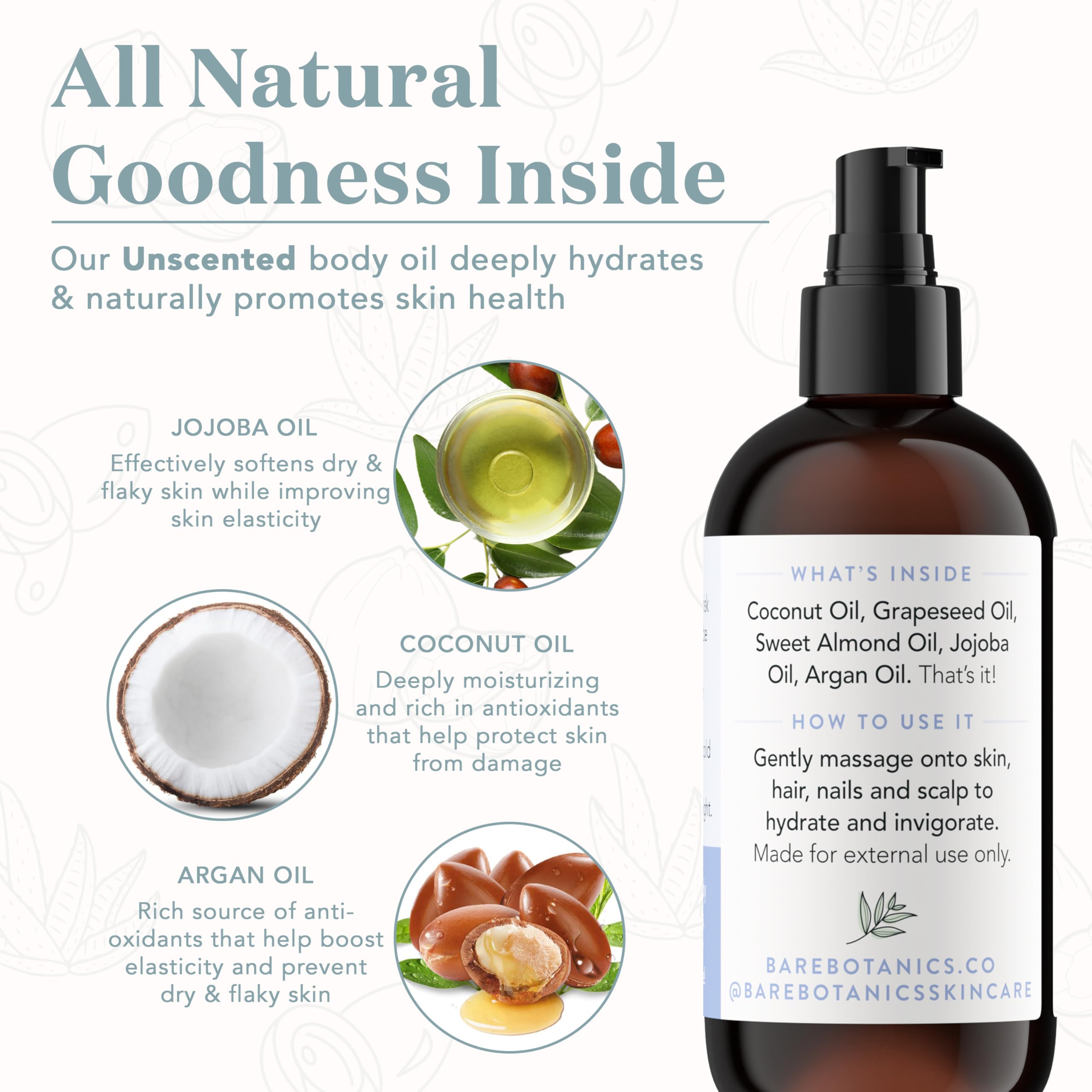 BARE BOTANICS 8 oz Moisturizing Unscented Body Oil - 100% Pure & Natural for Skin & Nails - Perfect for Moisturization - Vegan, Cruelty Free & Naturally Scented Hair Oil