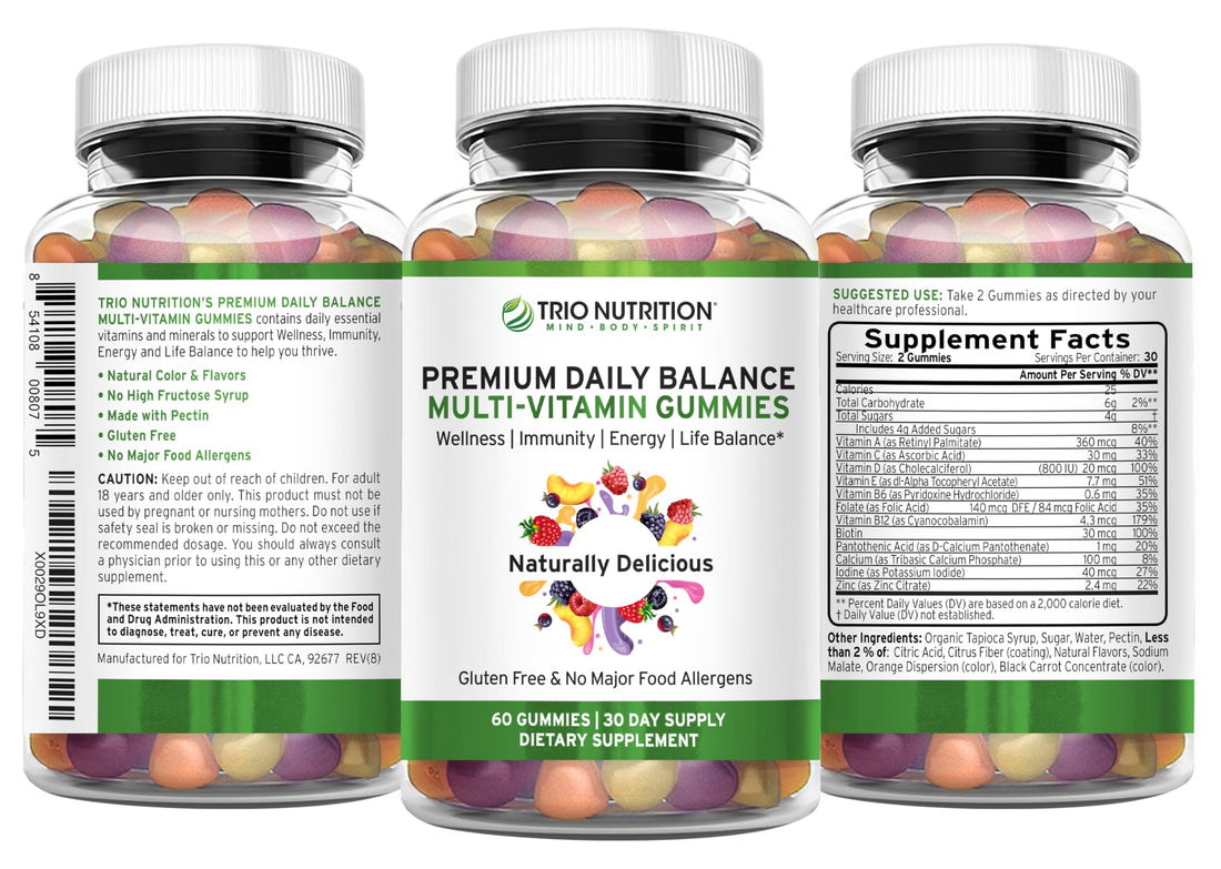 TRIO NUTRITION Premium Naturally Delicious Daily Multivitamin Gummies for Men & Women| No Major Food Allergens |Gluten Free | No High Fructose | Essential Vitamins & Minerals - Zinc*
