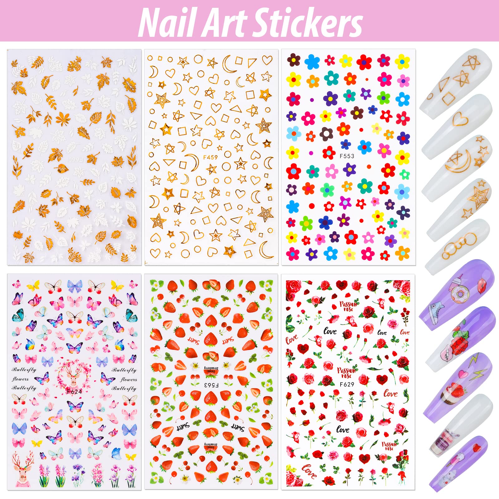 Teenitor Nail Art Stickers Self-Adhesive, 12 Sheets Flower Nail Stickers Butterfly Nail Decals Nail Stickers for Kids Flower Butterfly Stars Fruits Leaves Nail Decoration Stickers for Women Kids