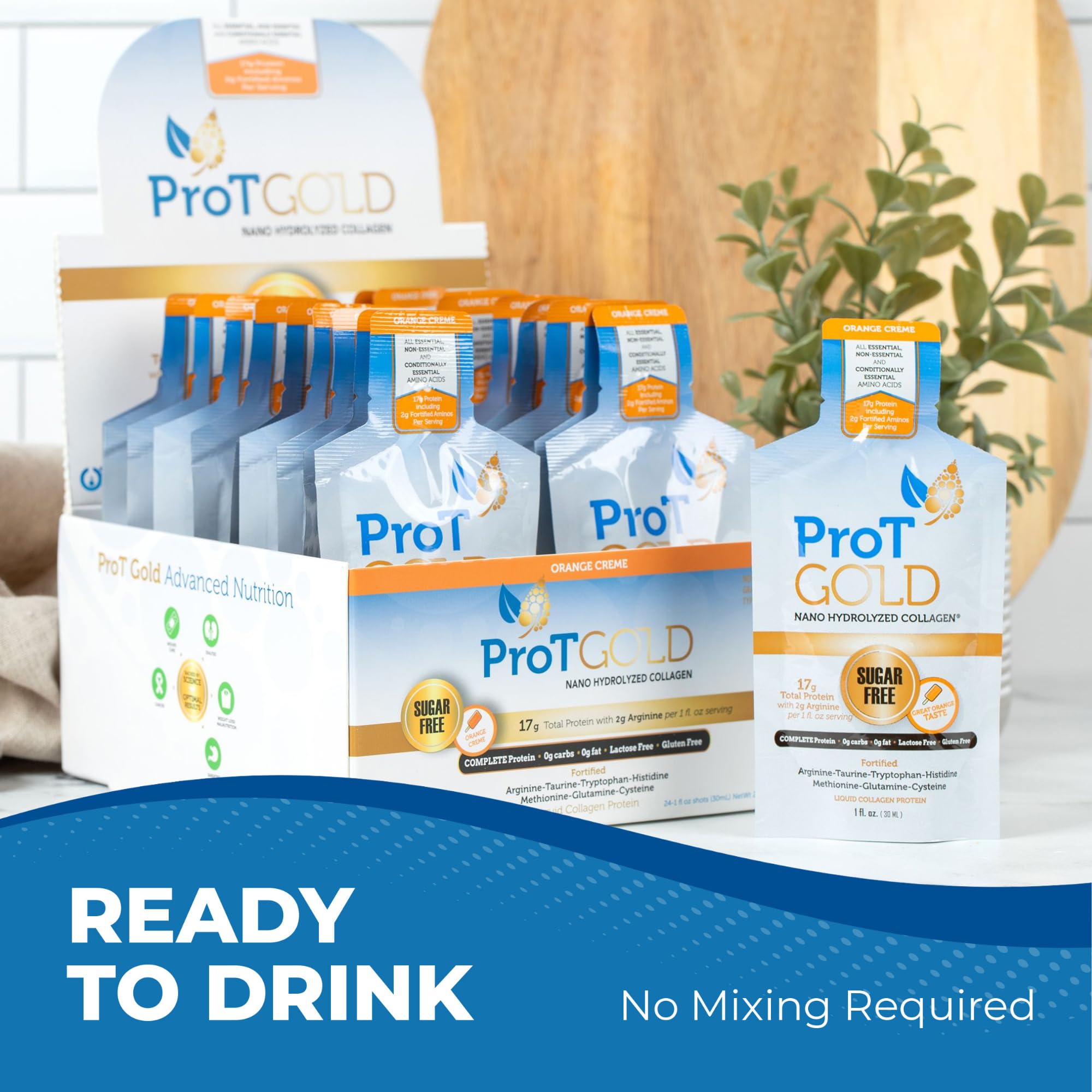 ProT Gold Liquid Collagen Protein Shot, 17g Clear Protein Nano-Hydrolyzed Grass Fed Collagen, 2g Arginine for Wound Support, Gluten Free, Sugar Free, 0g Carbs, Orange Creme, 1 fl oz, 24 Pack