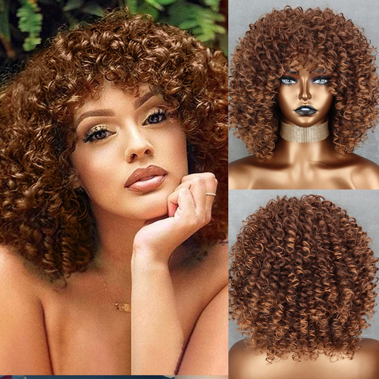 MISS WIG Light Brown: Misswig Synthetic Afro Curly Hair Wigs Freetress Brown Wig Short Curly Wigs For Black Women With Wig Cap