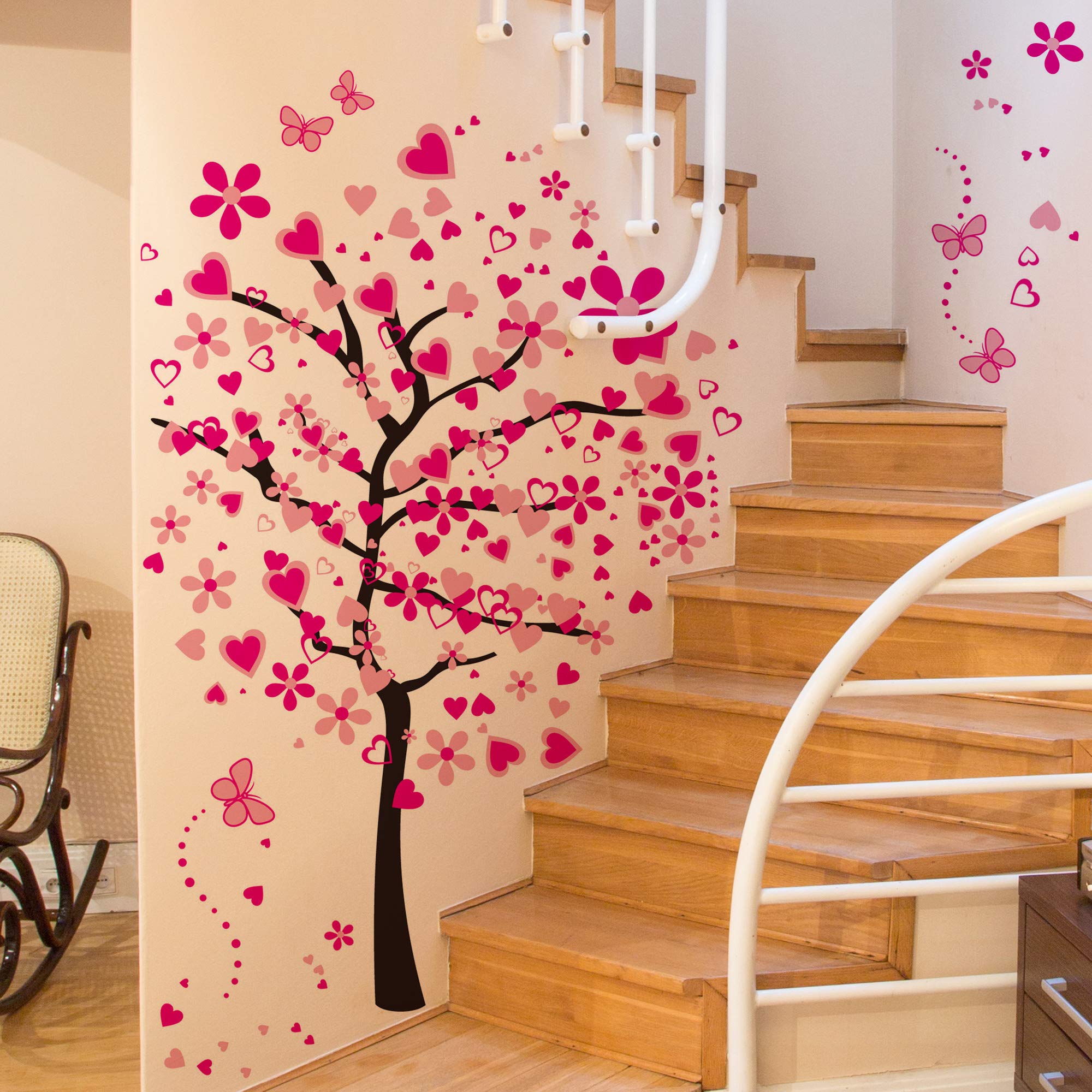 LiveGallery Removable Huge Pink Cartoon Heart Flower Tree Wall Decals Red Butterfly Wall Stickers Home Art Decor for Kids Girls Babys Bedroom Nursery Room Living Room Decorations