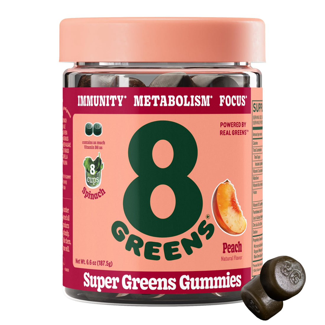 8Greens Supergreens Gummies | Super Greens Powder Superfood Gummy for Metabolism, Immunity & Focus, Digestive Health Enzymes, Organic: Chlorella, Spirulina, Aloe Vera, Peach Flavor, 50 Count
