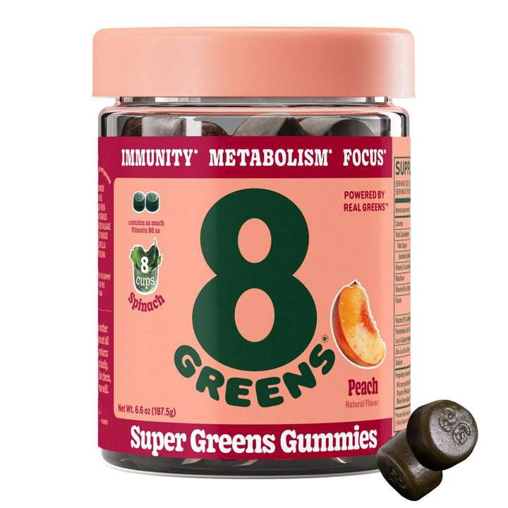 8Greens Supergreens Gummies | Super Greens Powder Superfood Gummy for Metabolism, Immunity & Focus, Digestive Health Enzymes, Organic: Chlorella, Spirulina, Aloe Vera, Peach Flavor, 50 Count