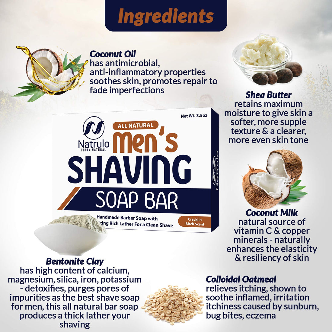 Men's All Natural Shaving Soap Bar - Moisturizing Rich Lather Handmade Barber Soap with Detoxifying Bentonite Clay, Soothing Shea Butter, Exfoliating Colloidal Oats - For Clean Shave, Reduces Redness